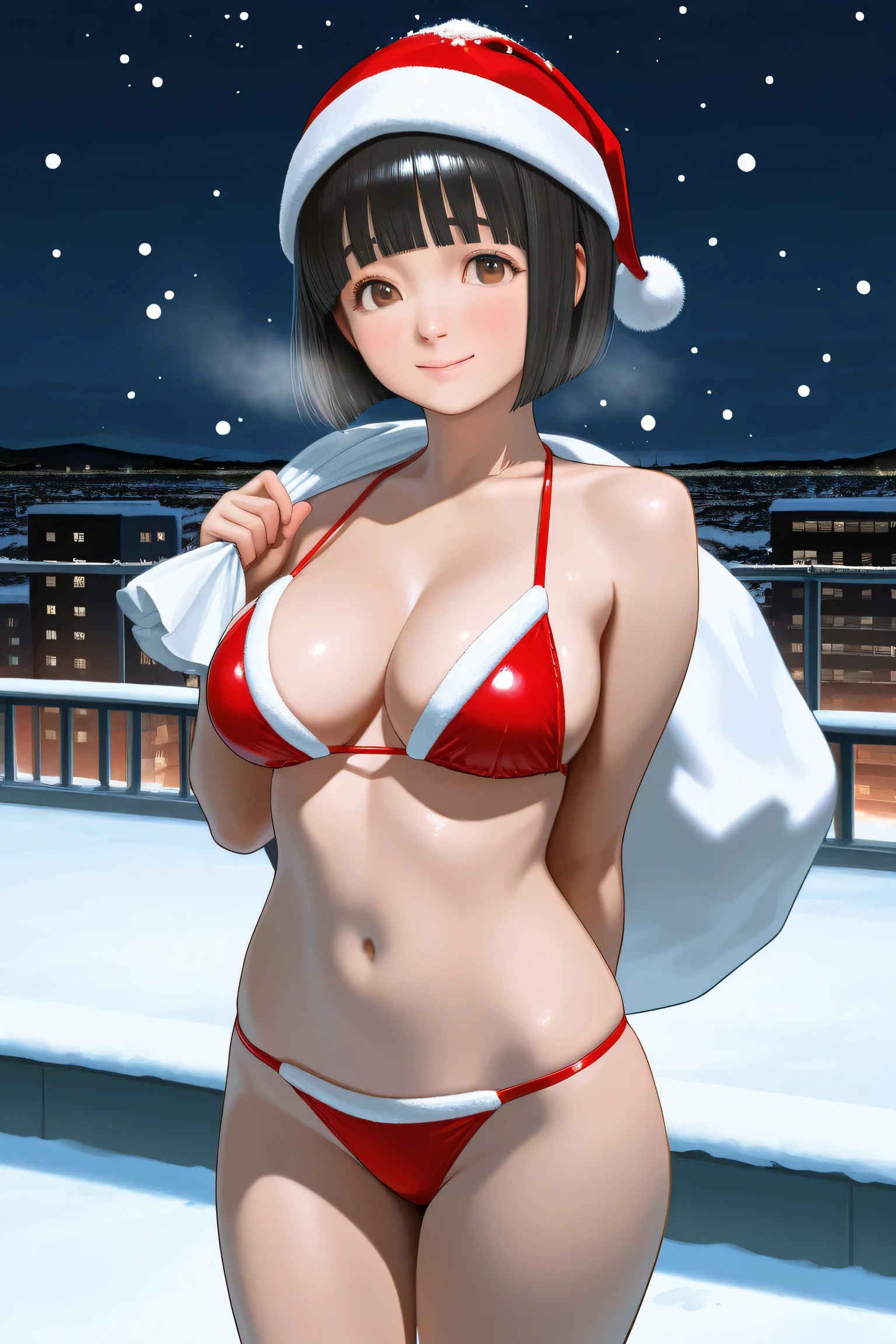 1girl, standing, sack behind back, cowboy shot, christmas,
BREAK girl, 22yo, short hair, bob cut, ear, (blunt bangs), black hair, (tareme:1.2), cute brown eyes, curled eyelashes, (large breasts:0.8), 
beautiful eyes, beautiful face,
santa bikini, santa hat,
embarrassed, smile, steam,
outdoors, rooftop, winter, snow, snowing, night,
masterpiece, best quality, amazing quality, very aesthetic, absurdres, newest, (realistic:1.2), nsfw, explicit