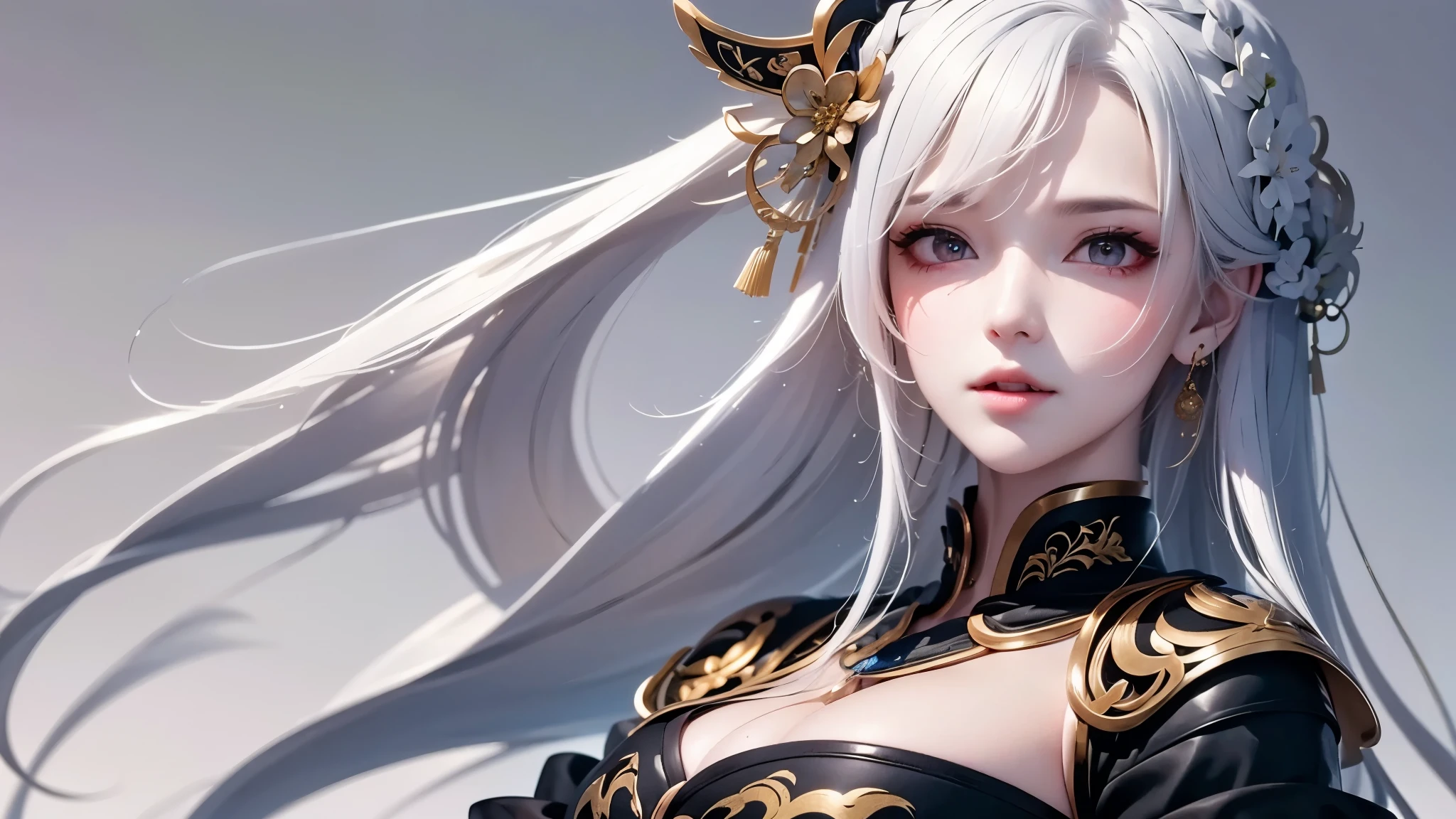 super high quality, masterpiece, Perfect illustration, Very detailed:1.6, 1girl, 23 years old, cute girl, white hair, sharp and big beautiful eyes, medium breasts, bright skin. fantasy royalty, onmyoji, majesty, asian dress. black and gold clothes. simple background, white background. hanbok、Chinese royal clothing、Chinese samurai, profile
