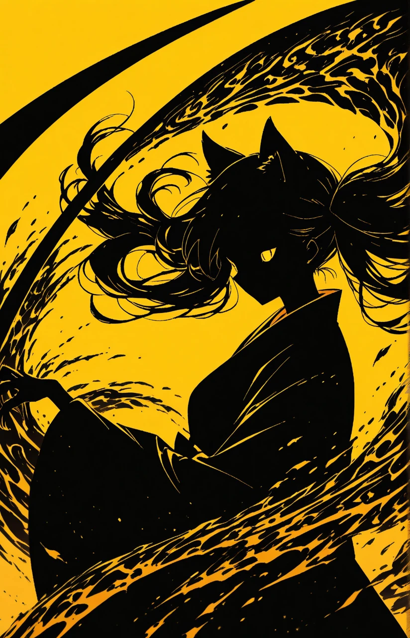 Black Silhouette Art, girl, cat ears, flowing hair, big long twin tails, Minimalist, Holding weapon, scythe, yellow background, depth, portrait, claws, flowing kimono, dynamic pose, wide sleeves,