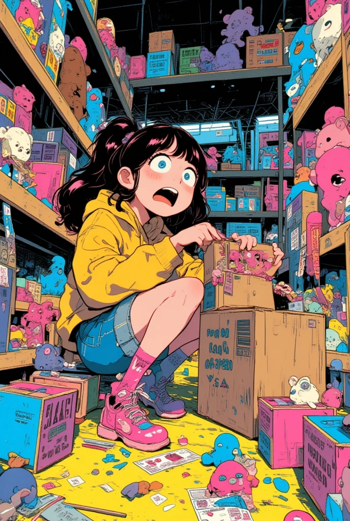   cartoon of a girl taking a toy store doll out of the box, The store manager and the girl are surprised , Stuffed Toy Art  , teddy bear, Toy Machine  , Chill Hop,  album art,   Art Depicting Pop Horror  , サイケデリックヒップホップ album art ,   promotional art , Product doll out of the box 