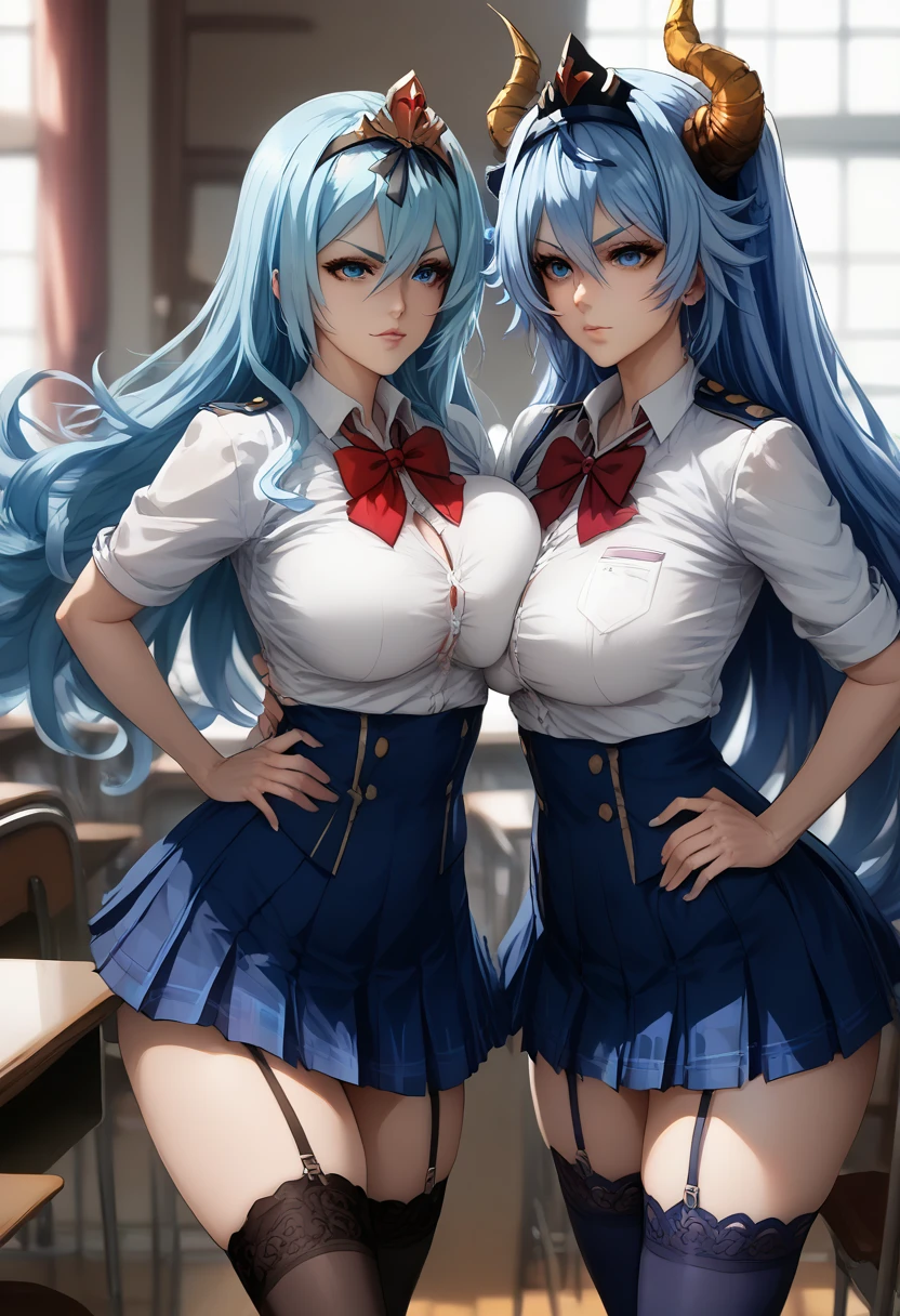 (( top quality )), (( Masterpiece )), (Familiar with),  perfect face , Big eyes, eyelash , (Saijaku Muhai no Bahamut), (Krulcifer Einfolk), background, Room window , Long hair,  light blue hair ,  blue eyes ,  big breasts,  school uniform, Belted Stockings 