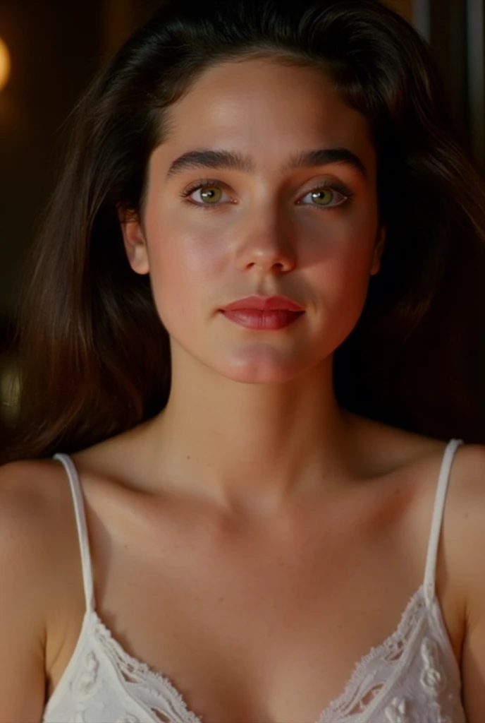 (masterpiece, best quality:1.2), 1girl, close up portrait, focus on her face, , solo, she looks as if to be naked, no make up, young Jennifer Connelly, natural cleavage,