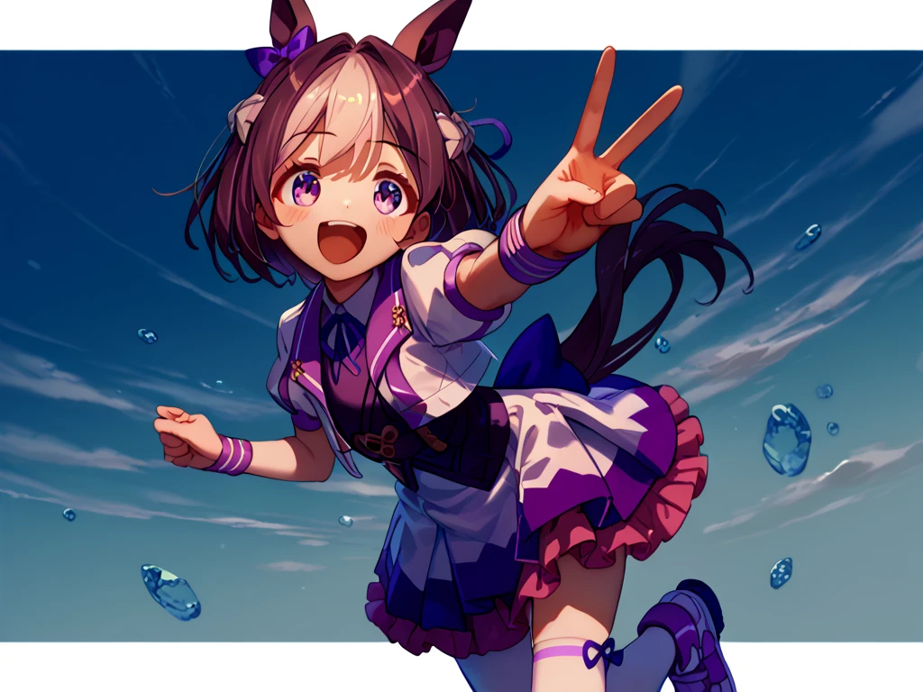 best quality, absurdres, masterpiece, 
special week \(Uma Musume\), 
smiling, making a V sign, ear bow, purple bow, puffy short sleeves, neck ribbon, blue ribbon, cropped jacket, white jacket, two-tone jacket, collared shirt, white shirt, purple vest, wristband, wrist cuffs, white skirt, pleated skirt, two-tone skirt, frilled skirt, frills,   zettai ryouiki, white thighhighs, white footwear, purple footwear, asymmetrical footwear, mismatched footwear, Durable sneakers, laughing, flushed,かめはめ波