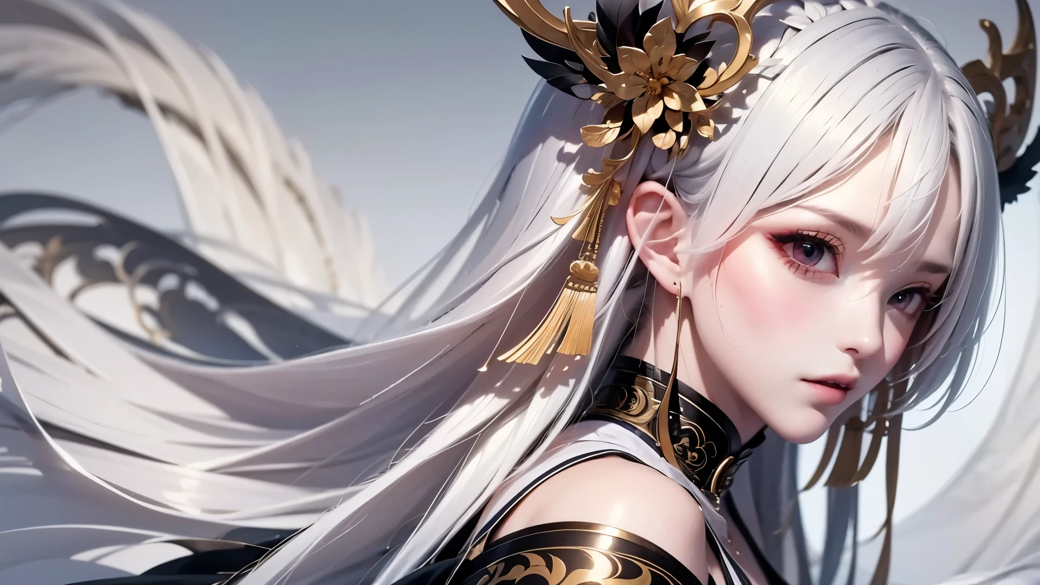 super high quality, masterpiece, Perfect illustration, Very detailed:1.6, 1girl, 23 years old, cute girl, white hair, sharp and big beautiful eyes, medium breasts, bright skin. fantasy royalty, onmyoji, majesty, asian dress. black and gold clothes. simple background, white background. hanbok、Chinese royal clothing、Chinese samurai, profile
