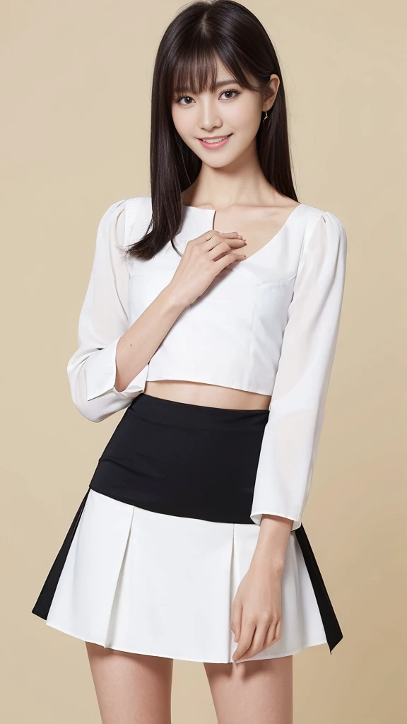 wonderful young girl,Clear eyes,black礼服, curvy arms, Incredibly beautiful, Confident smile，Strong posture, very beautiful, arms aside, 4 legs!, Showing legs,Long legs,black,Normal hand, Slender figure,21 years old,Korean