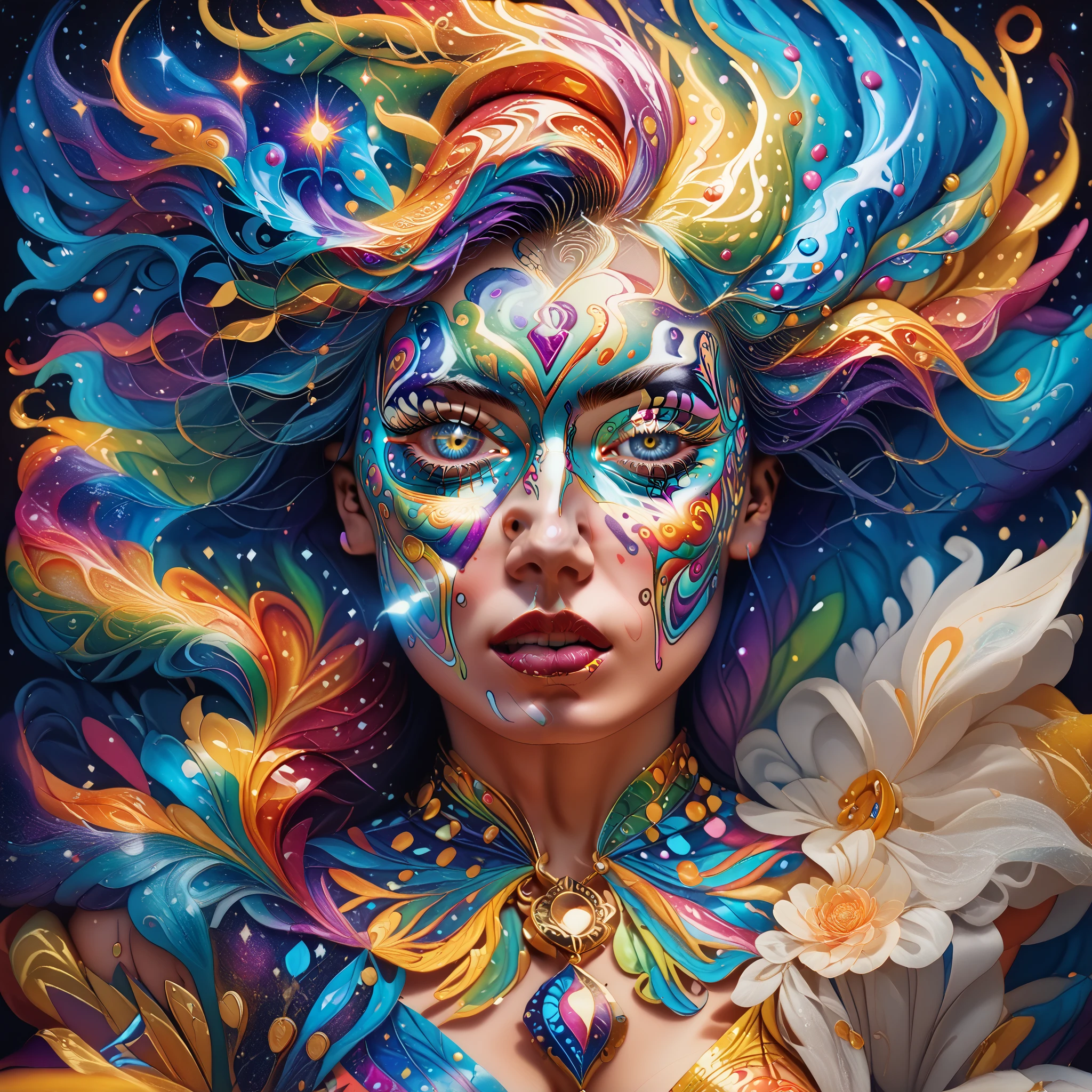  painting of a woman's face painted with colorful patterns and colors, Amanda Sage  ,  popular at Art Station,  psychedelic art ,  psychedelic goddess ,  Ultra Detailed Fantastic Art ,   Extremely Complex and Colorful  ,  highly detailed visionary art , epic shamanic DMT Art,  psychetrance artwork , DMT Art,  Visionary Art Style ,  Highly Detailed Fantastic Art 