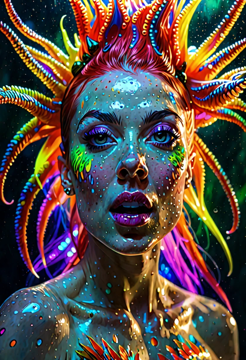 a beautiful alien woman, her skin, body and face is composed of heavy liquid jelly, liquid crystal, transparent paint, slightly tinged with random colors, bright and bright colors, emits the paint emits a faint light can be seen through her skin and body, her body melts with thick gelatinous liquid dripping fire liquid, molten gold, surrounded by glitter, stars.
