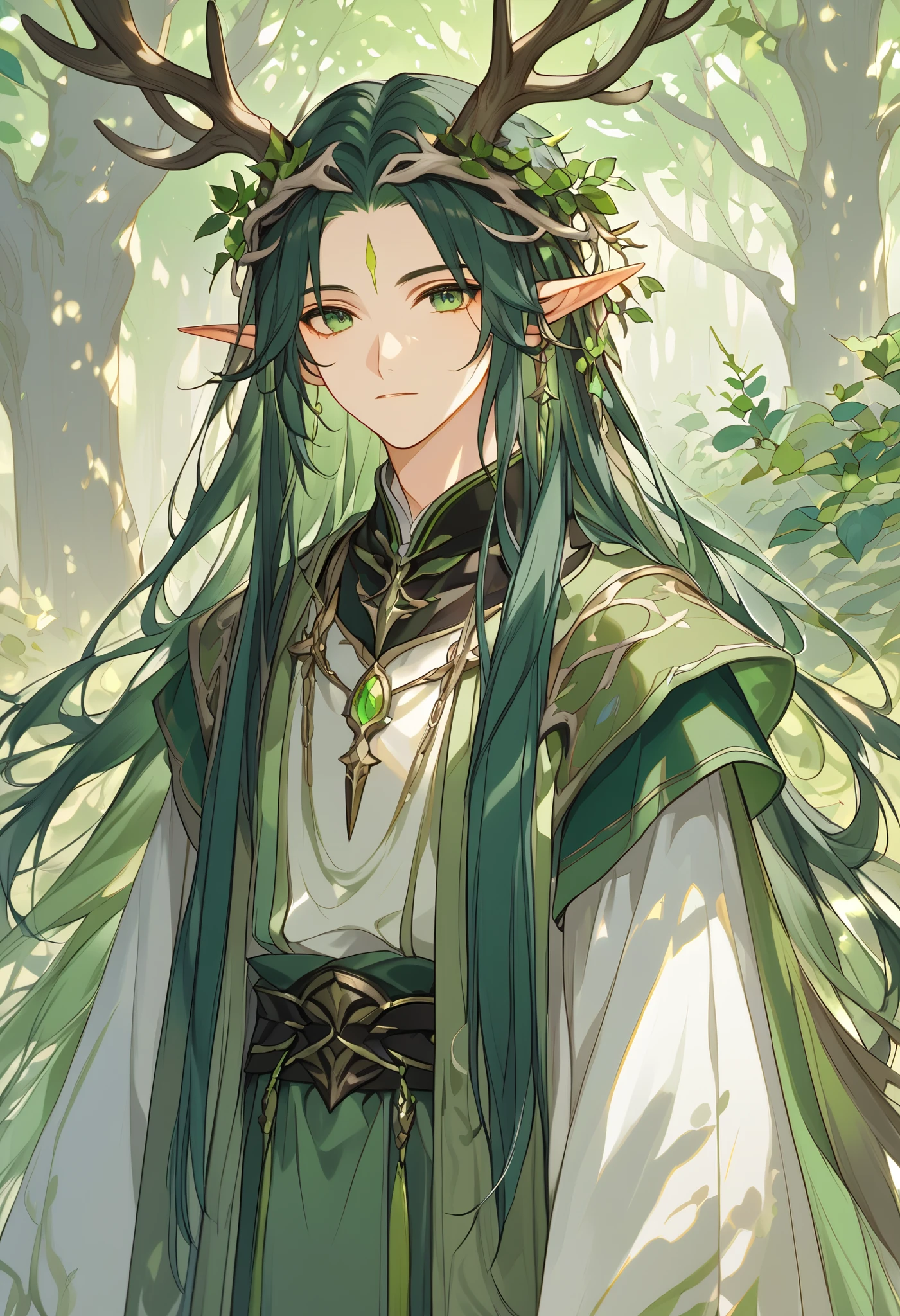 a single young man ,  long straight hair ,  dark green hair ,  dressed in medieval Druid clothes,  with two elk antlers on his head ,  pointed ears ,  green eyes, peaceful, quiet,  beautiful face,, growing roots and leaves in arid terrain, magical