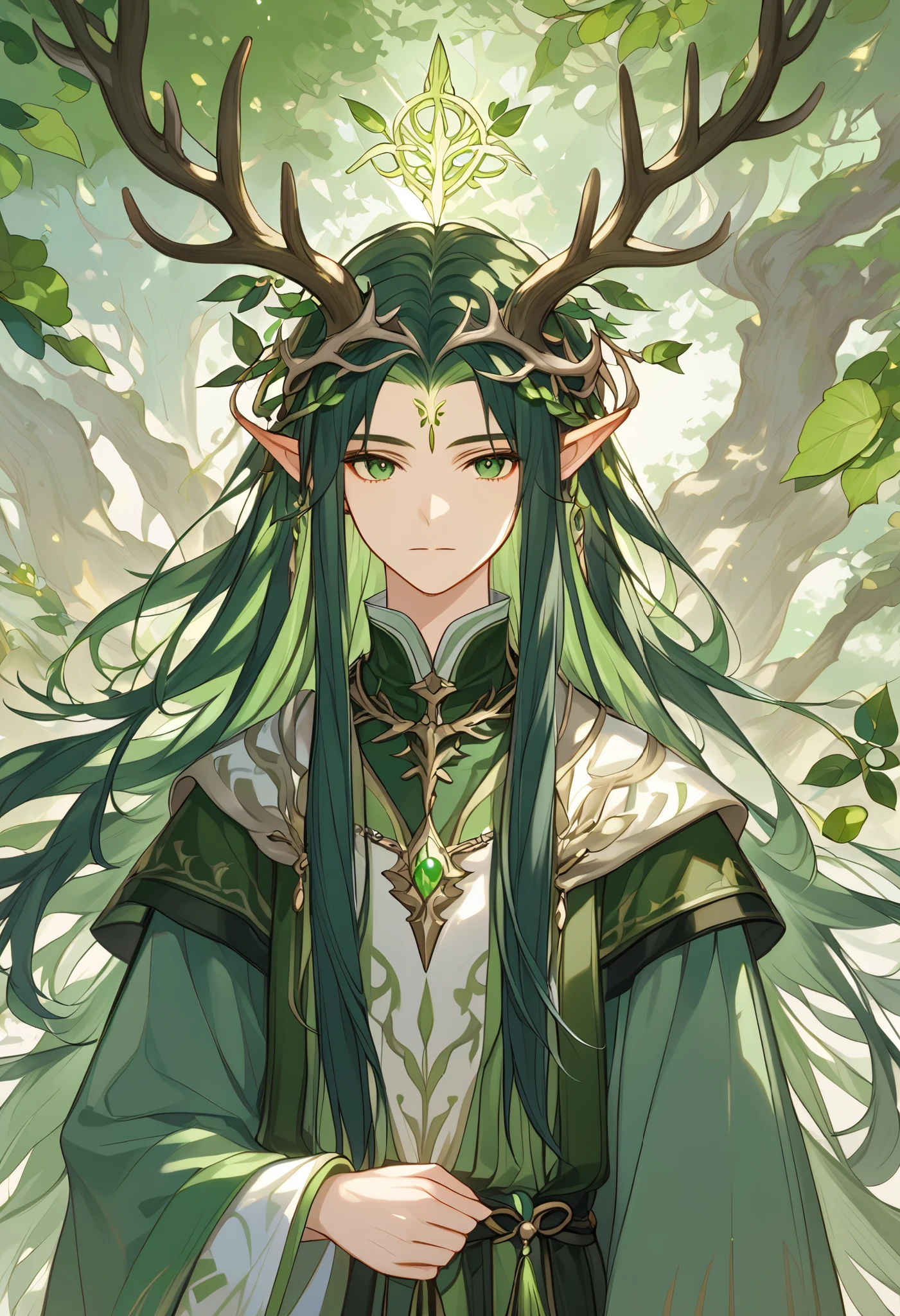 a single young man ,  long straight hair ,  dark green hair ,  dressed in medieval Druid clothes,  with two elk antlers on his head ,  pointed ears ,  green eyes, peaceful, quiet,  beautiful face,, growing roots and leaves in arid terrain, magical