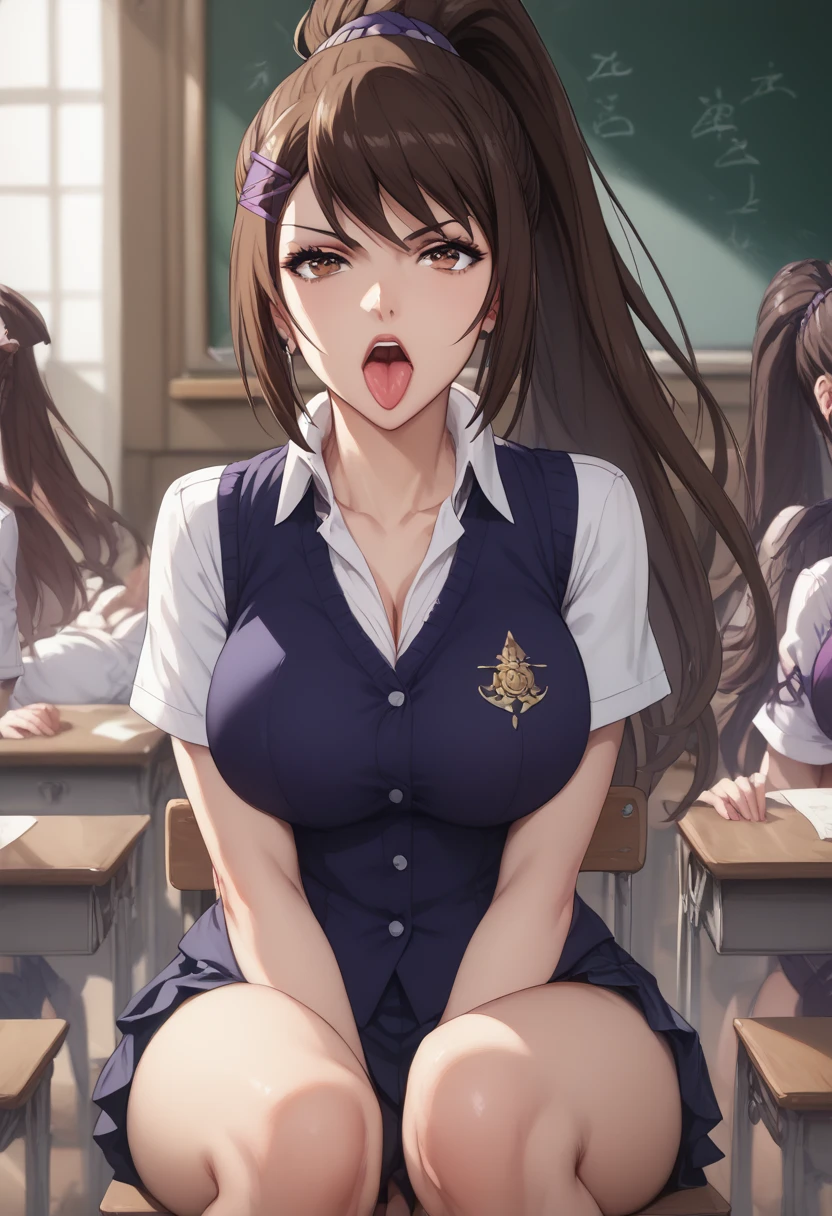 (( top quality )), (( Masterpiece )), (Familiar with),  perfect face , eyelash , (Classroom of the Elite), (sae chabashira), background,Cherry tree, brown ponytail,  brown eyes,  Very Big Boobs , Sit with legs open, Open your mouth,  tongue twisters, Break the vagina