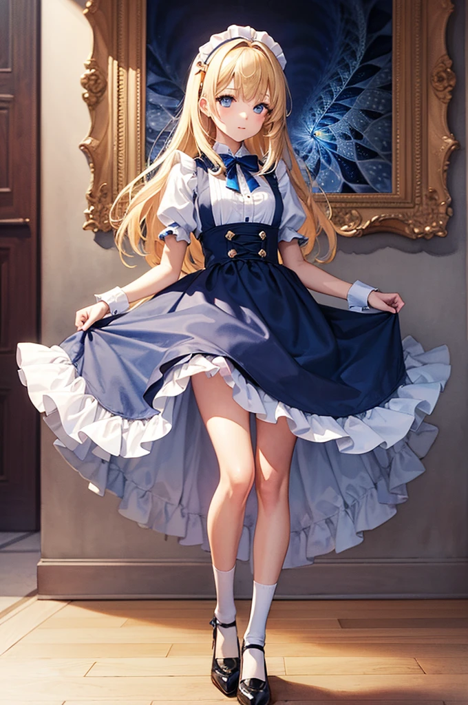(Masterpiece, Top Quality, Best Quality, Official Art, Beauty and Aesthetics: 1.2), (1girl: 1.3), (Fractal Art: 1.3), Vibrant Aqua Blue Eyes, Medium Hair with Tassels, Full Body, White Tights, Stockings, Lolita Shoes