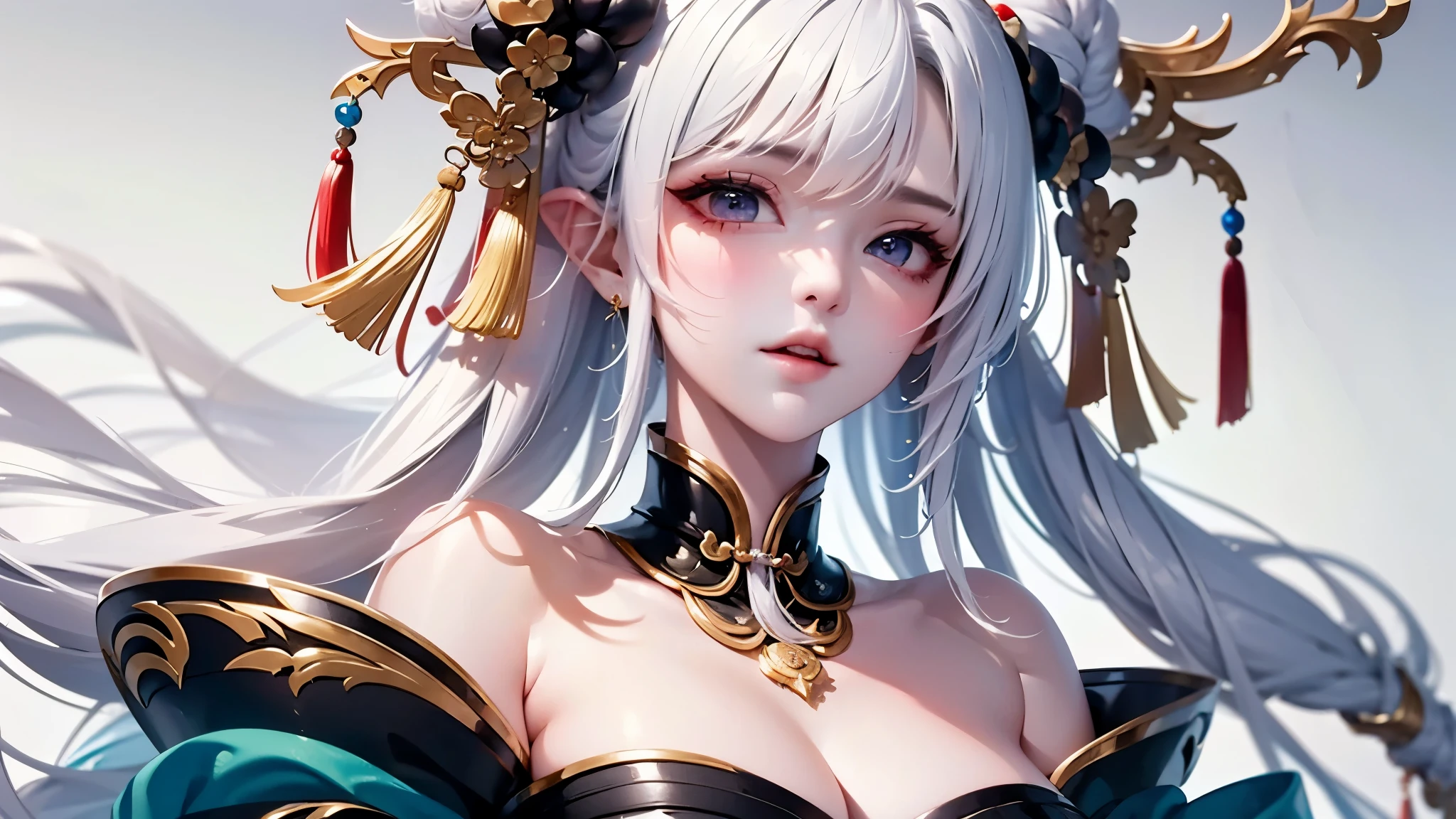 super high quality, masterpiece, Perfect illustration, Very detailed:1.6, 1girl, 23 years old, cute girl, white hair, sharp and big beautiful eyes, medium breasts, bright skin. fantasy royalty, onmyoji, majesty, asian dress. black and gold clothes. simple background, white background. hanbok、Chinese royal clothing、Chinese samurai, profile
