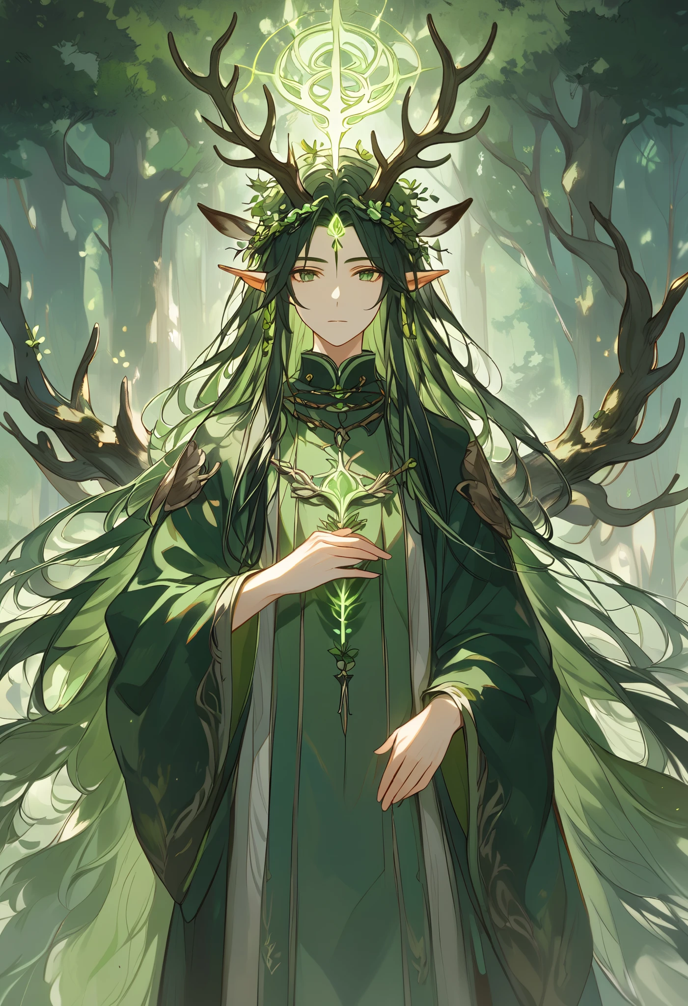 a single young man ,  long straight hair ,  dark green hair ,  forest god ,  dressed in medieval Druid clothes,  with two elk antlers on his head ,  pointed ears ,  green eyes, peaceful, quiet,  beautiful face,, on a dark and desolate summit ,  buds sprouting out of the dark earth