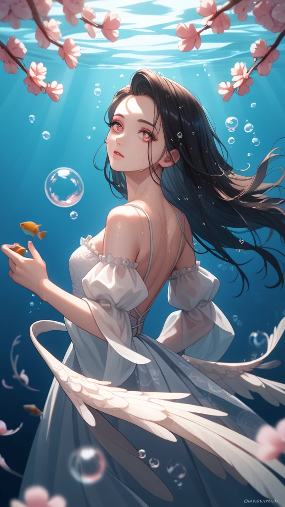 Beauty、Makoto Shinkai style、Goldfish、In the water、Fantasy、Highest quality、Long Black Hair、