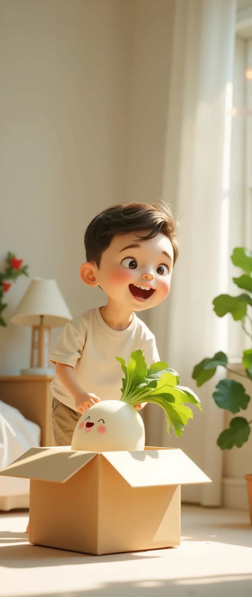 (masterpiece:1.2, top quality),( very detailed), Best Illustration ,8k,16k,Open a real doll box, The boy opened the toy box, There was a daikon figure ,Happy Boy , comical , Minimalist , pixar studio , 3D isometric illustration ,( background is ren's room :2.0),( christmas gift:2.0),( Christmas Decorated Room:2.0 ),(Crossmath vibe :2.0)
