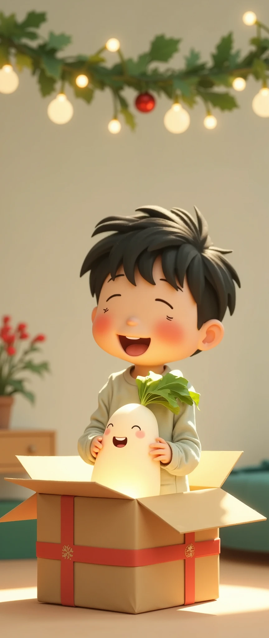 (masterpiece:1.2, top quality),( very detailed), Best Illustration ,8k,16k,Open a real doll box, The boy opened the toy box, There was a daikon figure ,Happy Boy , comical , Minimalist , pixar studio , 3D isometric illustration ,( background is ren's room :2.0),( christmas gift:2.0),( Christmas Decorated Room:2.0 ),(Crossmath vibe :2.0)
