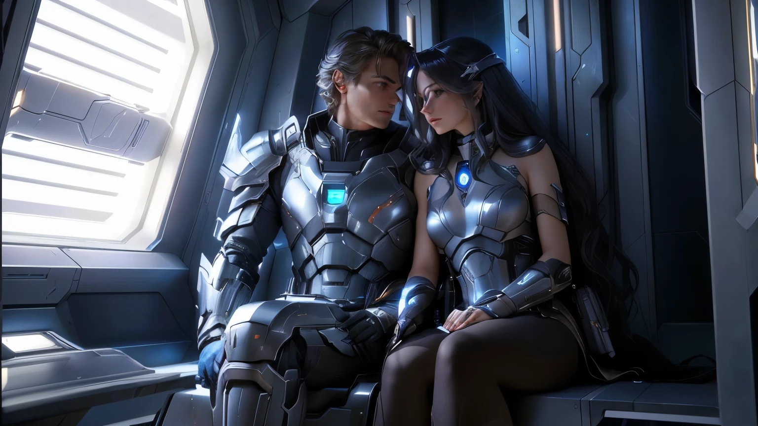 ( 1 man, 1 woman, ) In a realm where art and technology meet, two characters emerge as vivid and realistic masterpieces. The first, a black-haired male cleric, wears futuristic religion-inspired armor and Halo's Gen 2 Spartans. His determined gaze meets the viewer's as he faces a post-apocalyptic cityscape, draped in HDR, ray tracing and Nvidia RTX. The second, a brown-haired elf woman, exudes the elegance of nature in cybernetic armor. Her hair in a "hime cut" style and her ponytail are juxtaposed against a similar background. Decked out in Unreal Engine 5's super resolution and subsurface scattering, both characters share an 8k canvas that captures their essence. Luminescent particles dance and the Unity 8k wallpaper blends seamlessly with the detailed CG, creating stunning scenes. The result is an extraordinary fusion of realism and artistry, each character's story brought to life through innovation and imagination.