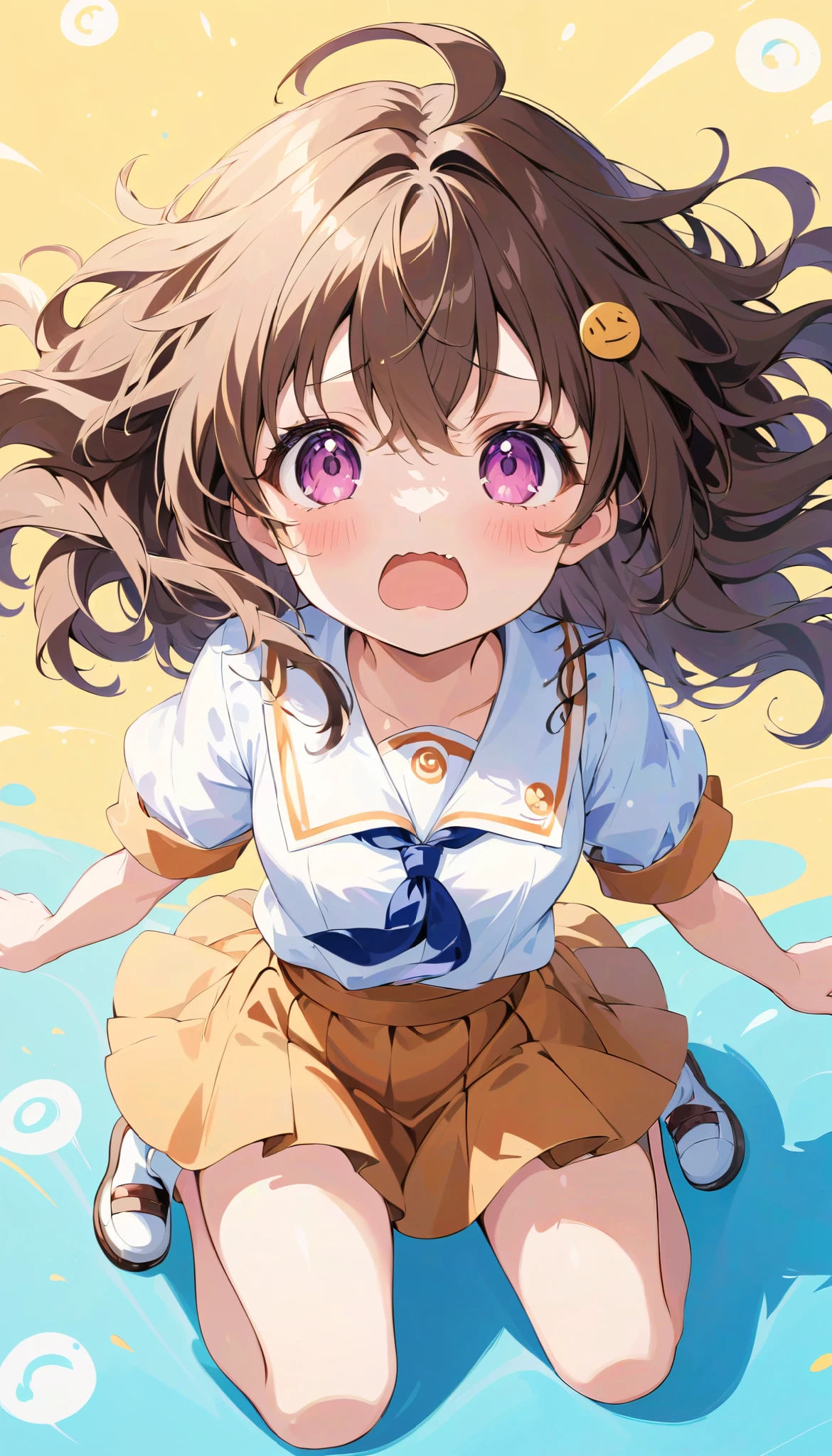  high definition ,  medium chest , @ @, flustered, brown hair, wavy mouth, blush, hair between eyes, Bukabuka school run,  eyes symbol ,  wariza,  cute background,  anime style, whole body,from above