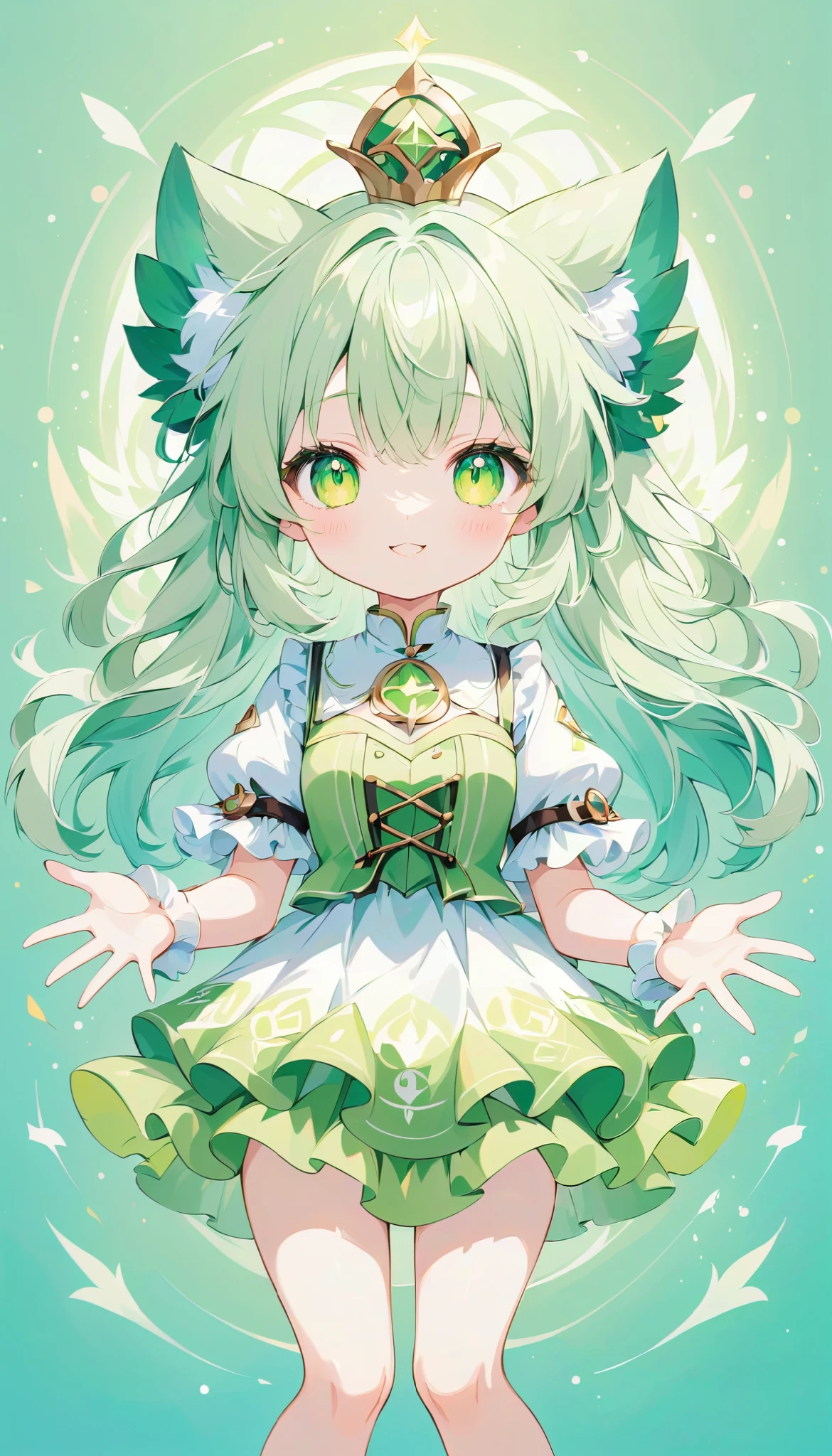  high definition ,  medium chest ,  spread their hands, smile, light green hair,  eyes symbol ,  cute background,  anime style, whole body, wizard hat