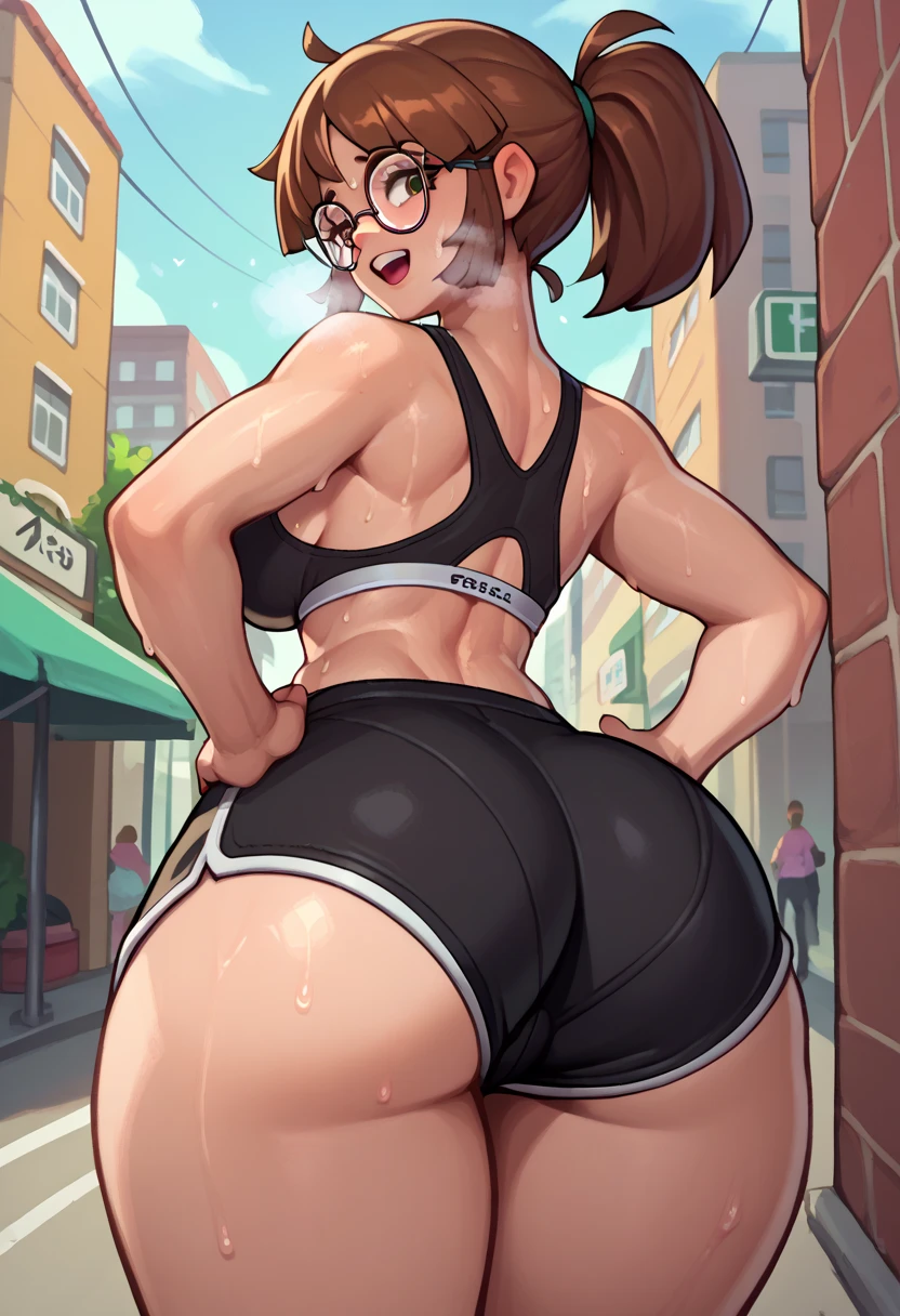 score_9, score_8_up, score_7_up, from behind, solo, 1girl, fio germi, sweat, light smile, looking back, hands on own hips, ponytail, round eyewear, glasses, black sports bra, black shorts, short shorts, large breasts, ass, outdoors, city street, open mouth, out of breath, sweaty
