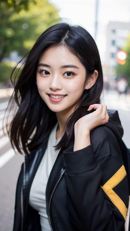 highest quality, masterpiece, ultra high resolution, (realistic:1.4), Raw photo, (18 year old female),  (An 18-year-old girl, most famous japanese idol, (very beautiful black hair shortcut), Very cute face like the most popular Japanese idol, Round face raccoon face, ((very beautiful big black eyes)), Big Laugh, very beautiful lips, very beautiful skin, very beautiful long eyelashes, slender body, boobs), Cable-knit-sweater, Down Jacket, upper body,