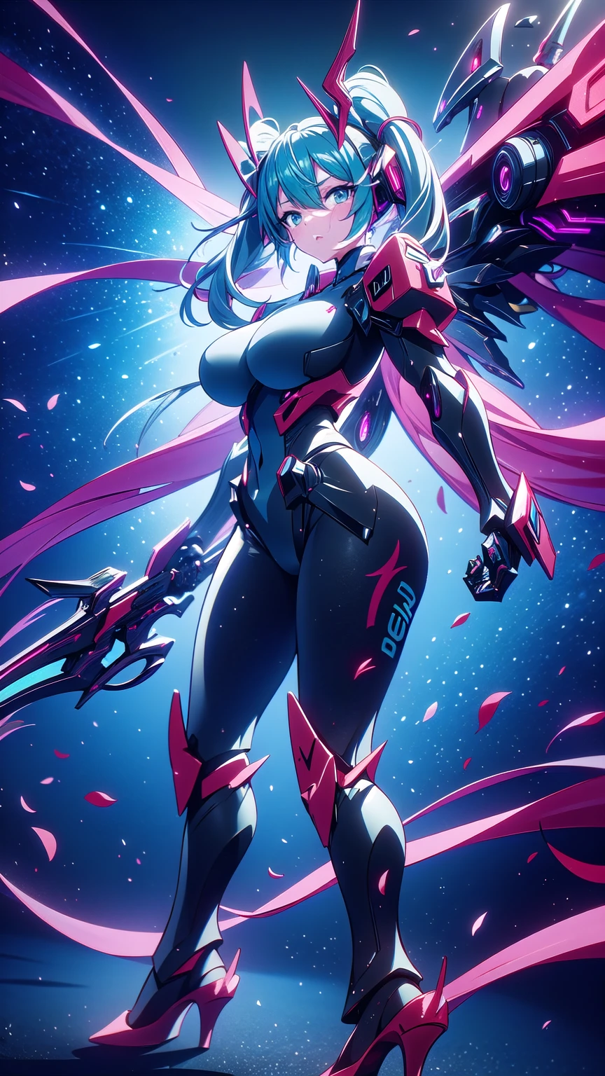 1girl, red eyes, blue hair, short hair, ponytail, large breasts, hourglass figure, bodysuit, black bodysuit, neon, neon trim, machinery, tech, science-fiction, futuristic, smile, standing, full body, ((full body)), ((long ponytail)), arms down, hands down, robot girl, pantyhose, black pantyhose