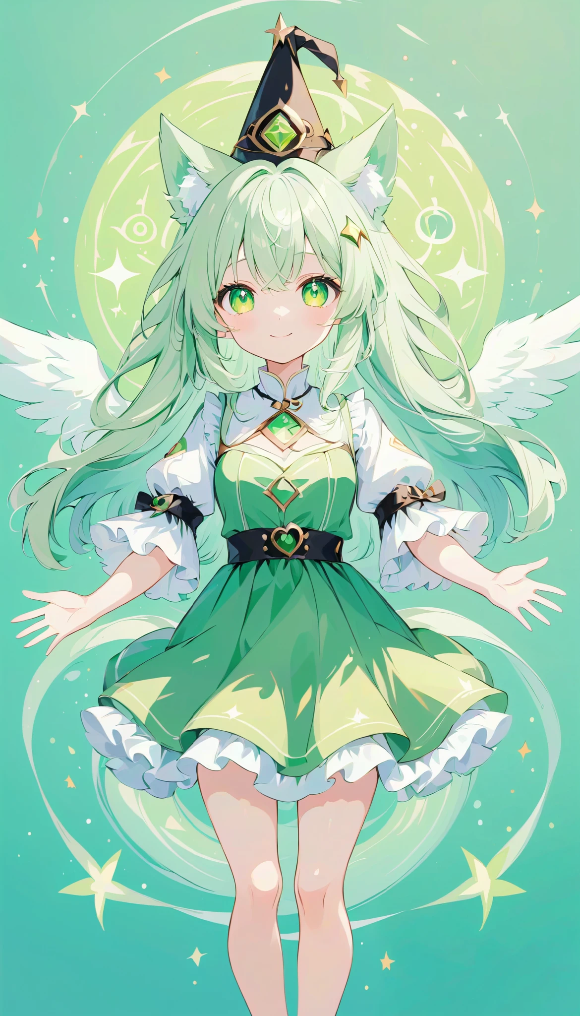  high definition ,  medium chest ,  spread their hands, smile, light green hair,  eyes symbol ,  cute background,  anime style, whole body, wizard hat