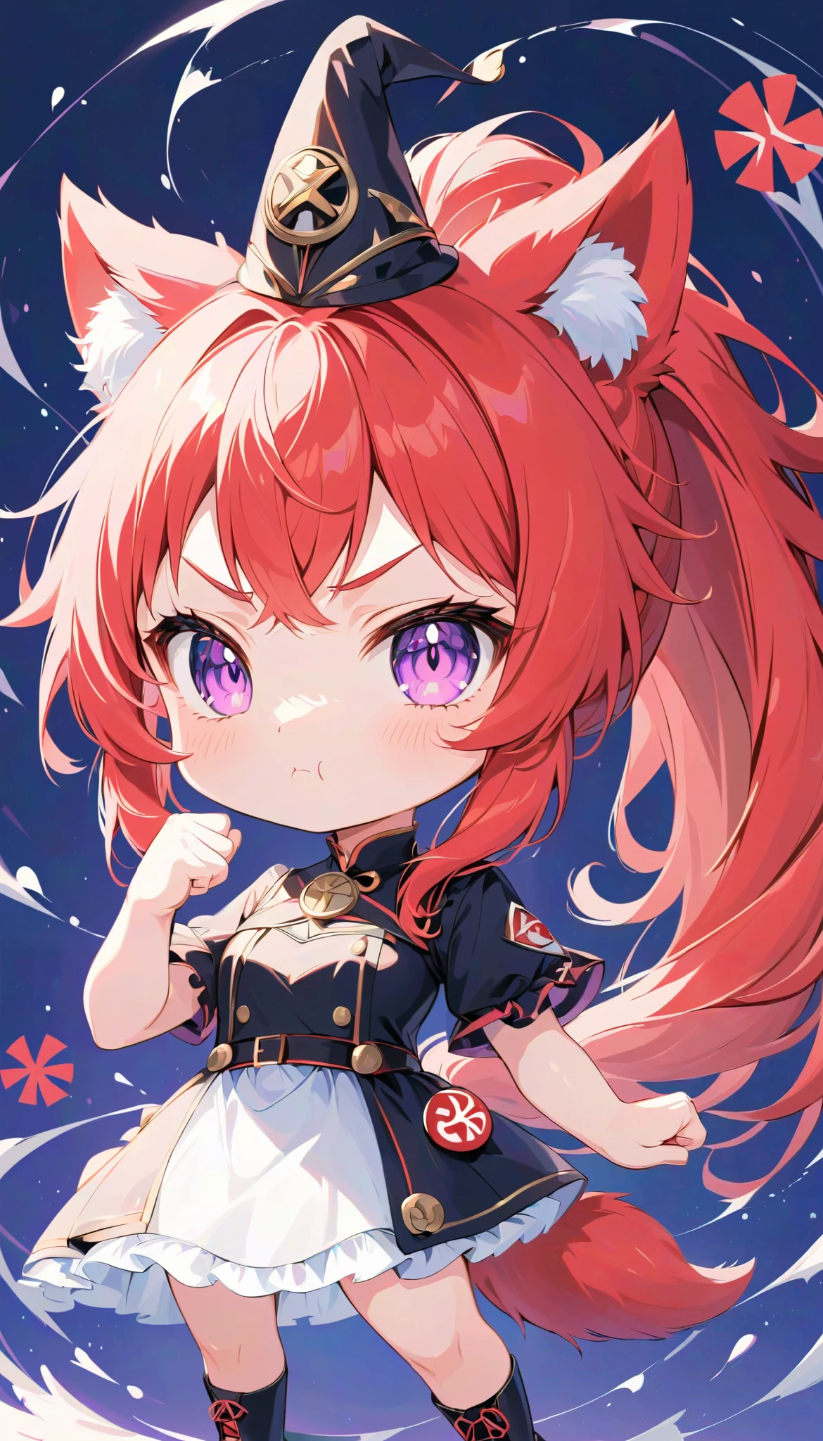  high definition ,  medium chest , :<, pout, anger vein, light red hair, high ponytail, clenched hand,  eyes symbol ,  cute background,  anime style, whole body, wizard hat