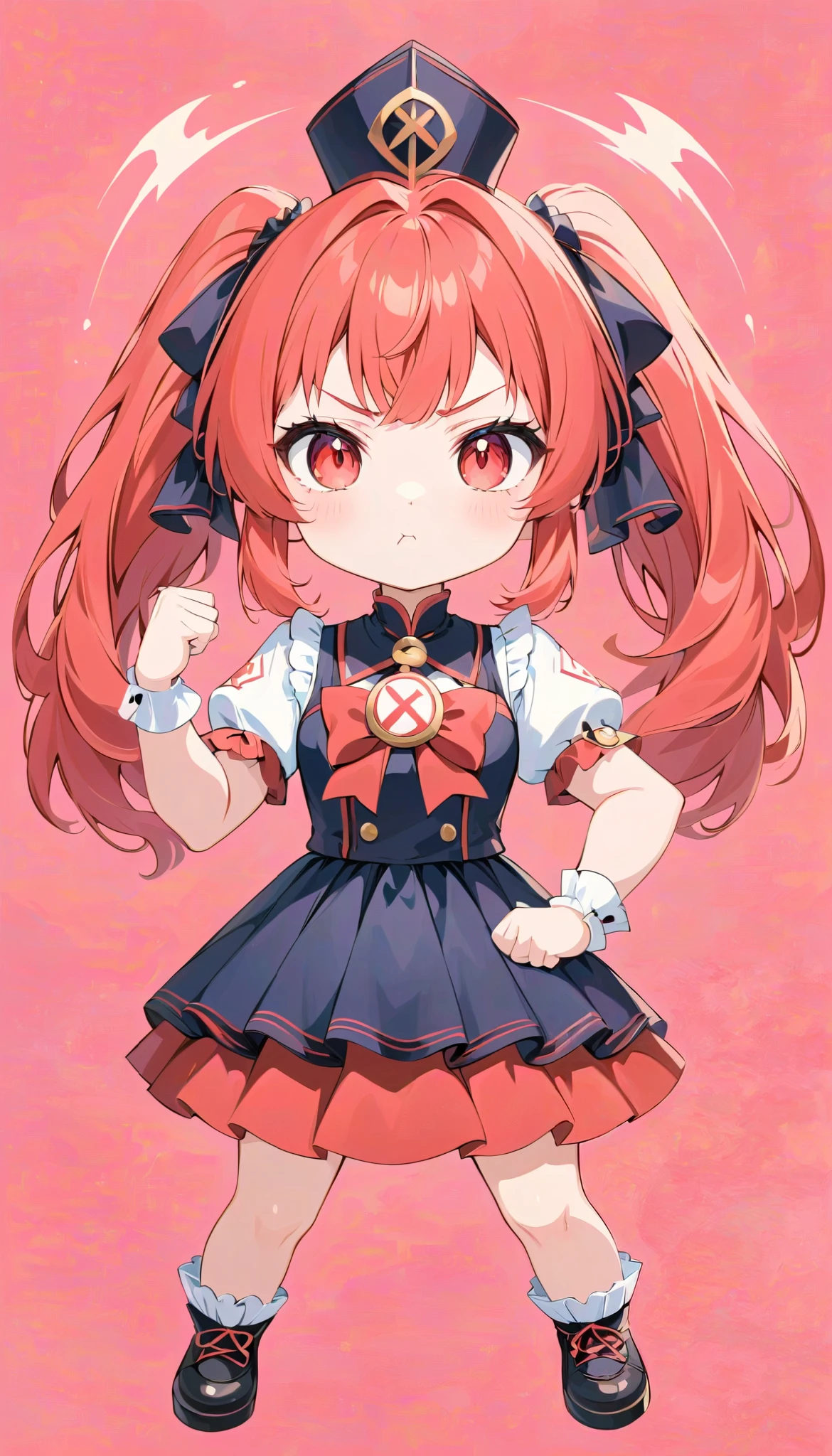  high definition ,  medium chest , :<, pout, anger vein, light red hair, high ponytail, clenched hand,  eyes symbol ,  cute background,  anime style, whole body, wizard hat