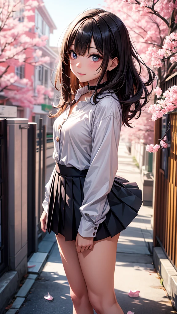 masterpiece, best quality, full body, 1girl, bangs, black choker, black necktie, black hair, blue skirt, blush, bracelet, breasts, choker, clothes around waist, collarbone, collared shirt, cowboy shot, dress shirt, ear piercing, eyebrows visible through hair, gradient hair, grin, gyaru, jewelry, kogal, long hair, looking at viewer, loose necktie, necktie, piercing, plaid, plaid skirt, pleated skirt, red eyes, ring, school uniform, shirt, skirt, smile, solo, white shirt, street, sky, cherry blossoms, petals,illustration, (magazine:1.3), (cover-style:1.3), fashionable, woman, vibrant, outfit, posing, front, colorful, dynamic, background, elements, confident, expression, holding, statement, accessory, majestic, coiled, around, touch, scene, text, cover, bold, attention-grabbing, title, stylish, font, catchy, headline, larger, striking, modern, trendy, focus, fashion,