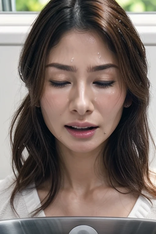 do,  top quality, ( high resolution CG Unity 8K Wallpaper ), ( top quality), edge orgasm 、faceフォーカス、 a woman with her mouth open and her eyes closed、Edgy woman_face、Age 30、 black hair、Very small toilet、((sweat) ),((sweatで光る肌))((sweatで光る鎖骨,sweatで光るface)),（(sweatだくの肌))((sweatで濡れた肌)), beautiful Japanese actress , Emily Ratajkowski , from below,