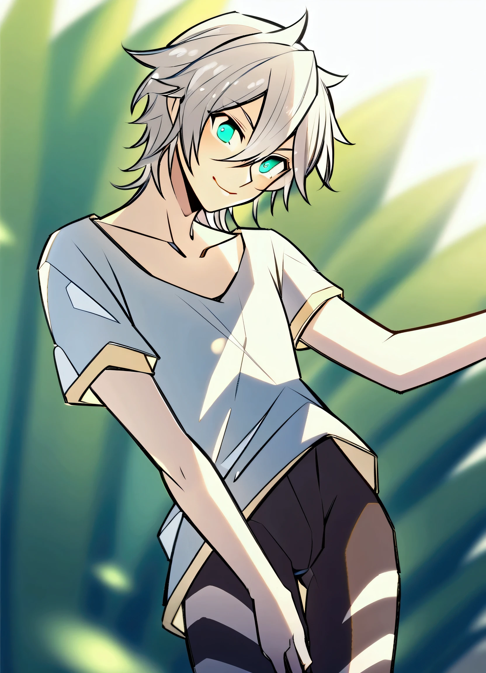 A male anime character standing with rowdy white hair , bright turquoise eyes and a calm expression . He wears a loose white t-shirt his legs are covered with long tights with horizontal stripes in black and white , The tights have a striking design with a marked contrast between the colors and appear in an interior environment illuminated by natural light, with vegetation visible in the background that gives it a fresh and luminous touch .