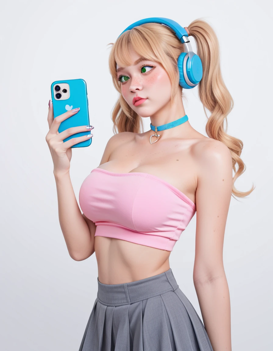 1girl, solo, masterpiece, best quality, soft pink lips, pouting, blonde hair, pigtails, freckles, cute girl, strapless pink crop top, short grey skirt, painted nails, blue headphones, green eyes, holding up her phone, black choker, round breasts