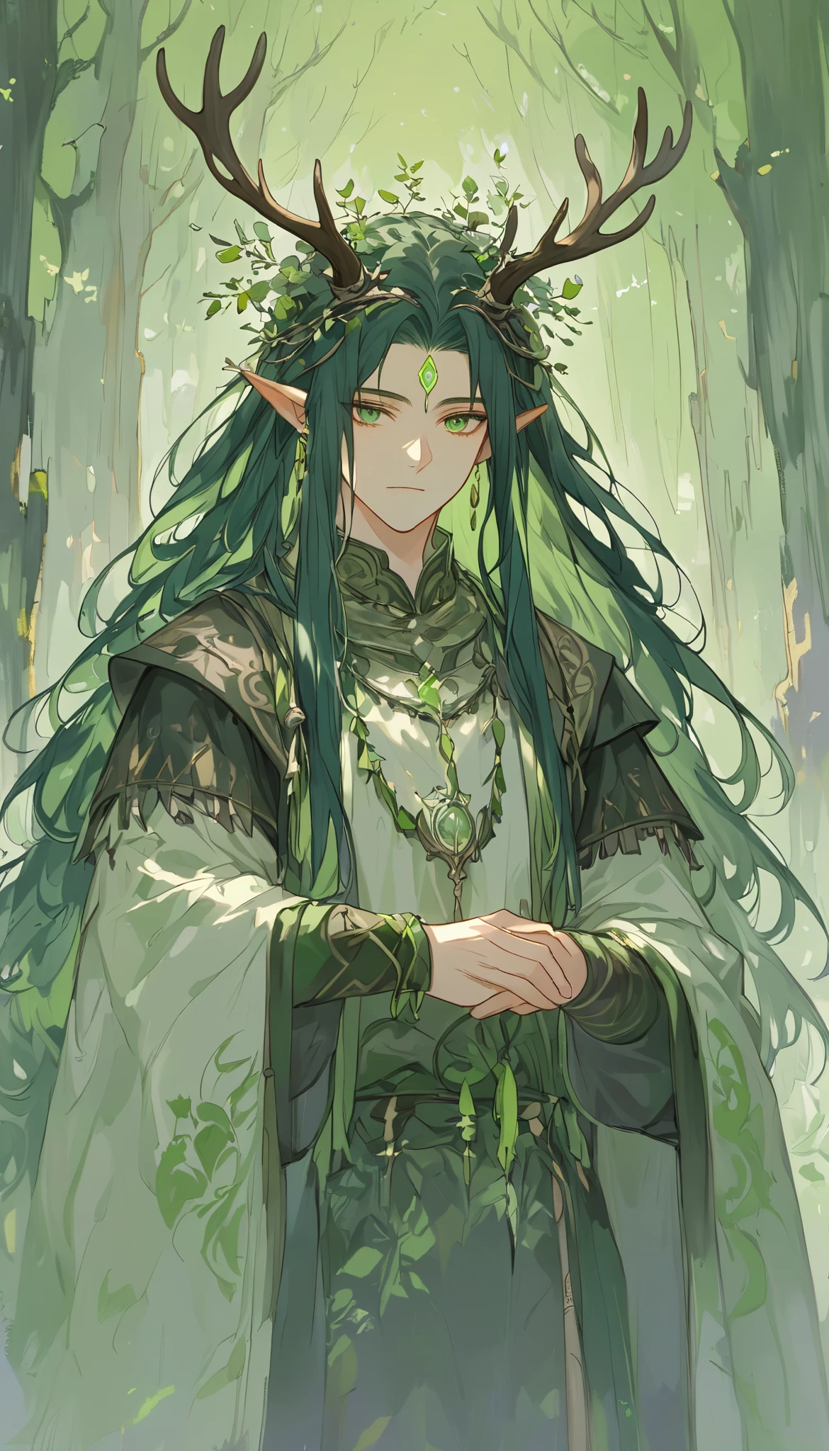 a single young man ,  long straight hair ,  dark green hair ,  forest god ,  dressed in medieval Druid clothes,  with two elk antlers on his head ,  pointed ears ,  green eyes, peaceful, quiet,  beautiful face,, on a dark and desolate summit ,  buds sprouting out of the dark earth, black and violet background colors