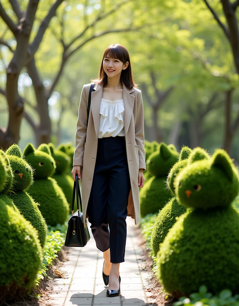 ultra-realistic, photorealistic, dramatic scene, shadow, global-illumination, solo, (20 years old Japanese girl:1.5), very beautiful with very cute but boyish cool face, (very large breasts), slim waist, (wearing an office worker's outfit with dark navy pants and white raffled shirt and beige spring coat:1.2), black elegant pumps, wearing her light brown hair down,  She carries a black elegant bag on her shoulder, (large breasts), sunny day in the morning, She is walking at the botanical park, flowers, professional light, she found hedges with flowers trimmed into the shape of sitting cats and neatly arranged in a row without any gaps, she is so surprised and showing smile, shoot from side, dynamic angle, beautiful hedge