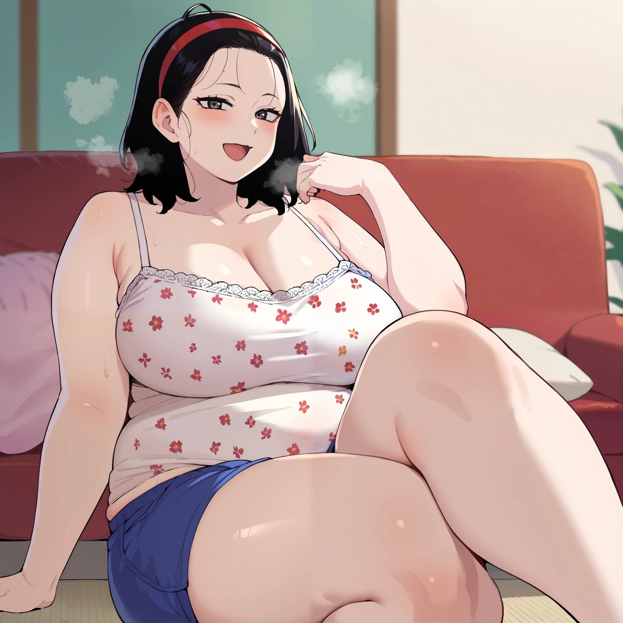 score_9, score_8_up, score_7_up, score_6_up, source_anime, rating_explicit, 1girl, solo, huge breasts, black hair, grey eyes, black eyes, medium hair, red hairband, forehead, floral print, camisole, short shorts, blue shorts, smile, open mouth, Narrow shoulders, heavy breathing, steaming body, living room, indoors, looking at viewer fat, chubby, obese, gigantic arms and legs, large breasts open mouth, out of breath