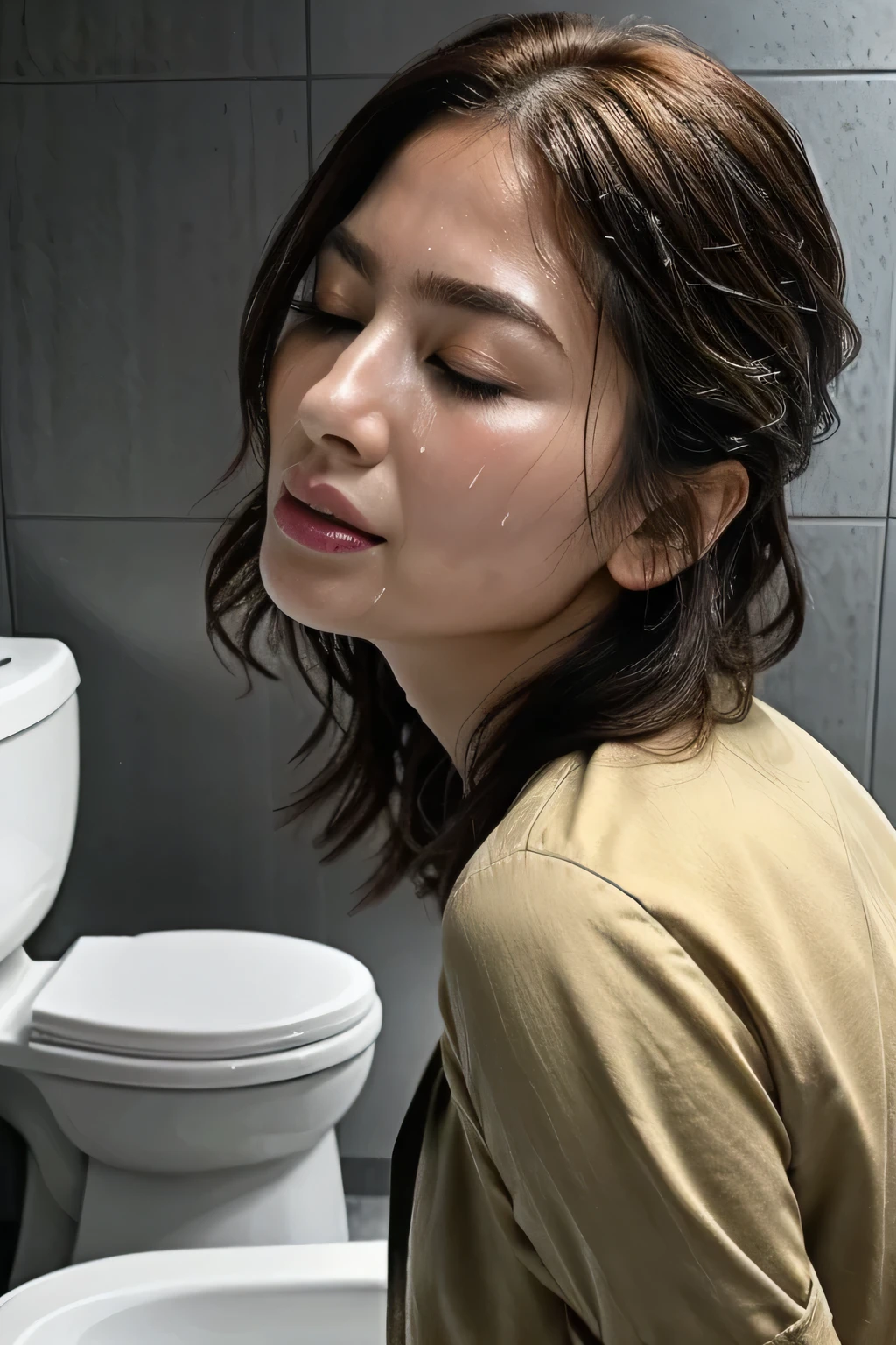 do,  top quality, ( high resolution CG Unity 8K Wallpaper ), ( top quality), edge orgasm 、 face focus 、 a woman with her mouth open and her eyes closed、Edgy woman_face、Age 30、 black hair、Very small toilet、((sweat) ),((Skin that shines with sweat))((The collarbone shining with sweat,Face that shines with sweat)),（(Sweat-drenched skin))((The skin wet with sweat)), beautiful Japanese actress , Emily Ratajkowski , from below,