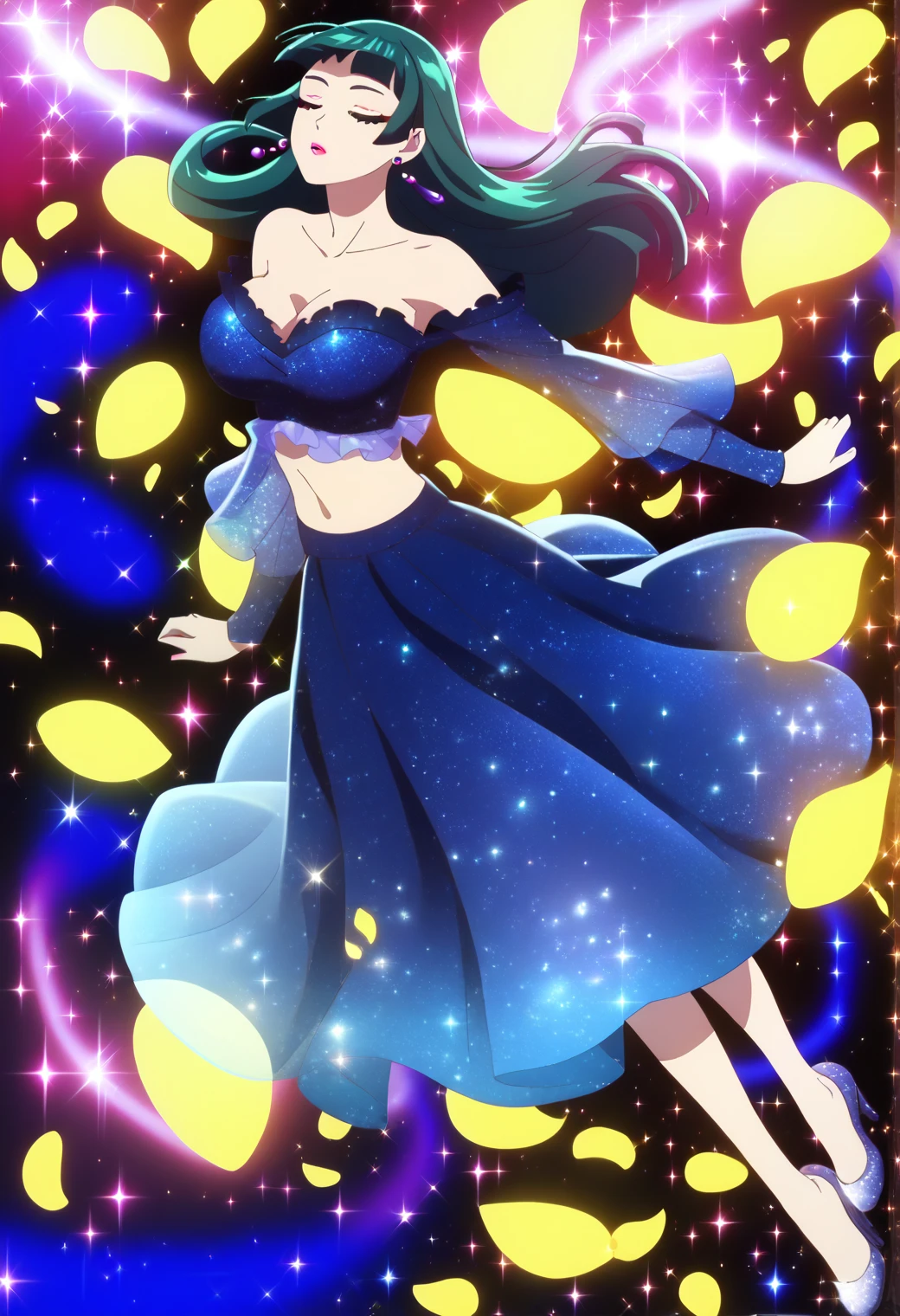 1girl, maomao, solo, green hair, long hair, blue eyes, BREAK
maomao, solo, sparkling dress, blue dress, closed eyes, earrings, full body, floating hair, floating clothes, sparkle background, starry background, midriff, collarbone, sparkling footwear, layered dress, petals, falling petals, jewelry, long sleeves, sidelocks, blunt bangs, straight hair, hair beads, purple earrings, star earrings, glint, sparkle, partially bare shoulders, lipstick, makeup, pink mascara, pink eyeliner, BREAK
score_9, score_8_up, score_7_up, score_6_up, score_5_up, score_4_up, anime, BREAK, (high quality, detailed, beautiful), shiny, detailed beautiful eyes, outstanding, countershading, detailed soft lighting, exposed breasts, big breasts, huge breasts 