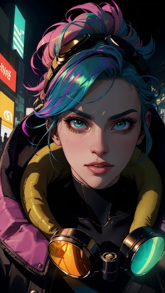 a woman in a city, full body shot, highly detailed face, highly detailed outfit with iridescent colors on the jacket, photo photography, bright vivid colors, great fashionable hairstyle, photoshoot