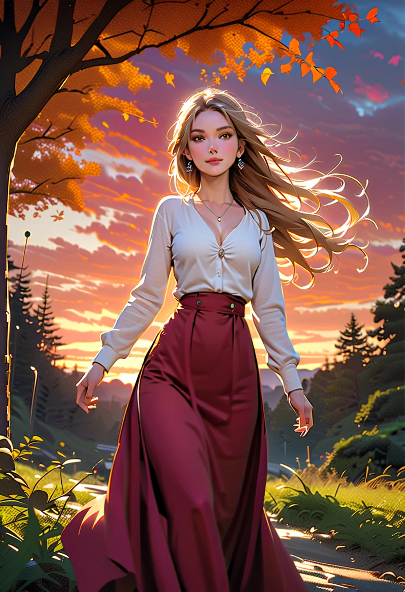 { masterpiece , unity 8k,  top quality),  one of the most beautiful women, Light chestnut long hair, { flowing hair }, A beautiful and gentle expression ,  beautiful brown eyes, Beautiful pink lips, Mid-chest,  Anatomically accurate and beautiful figure , Accurate hand drawing,  earrings,  Necklaces ,  Thin silk v-neck long sleeve shirt , Flowing long skirt, whole body,  dynamic poses ,  dynamic angle,  keep staring at me ,  movie lights,  Detailed Background , Trees with autumn leaves , Evening sky, (Orange red sky,  The beauty of clouds shining in the sunset ),  detailed illustration art including background, 