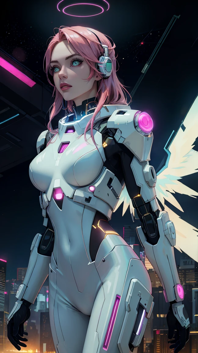 Please follow all prompts below exactly and faithfully. This is a breathtaking masterpiece of digital illustration, with maximum resolution, UHD, 512K, 2160p, 10 million ppi, 300 million dpi, natural color tones, ultra sharp details, perfect outlines with contrast, ((most realistic skin and hair textures:1.5)), most beautiful detailed eye features, perfect anatomically correct human body, beautiful background with depth, rule of thirds, depth of field, Maximize all element is used to its full potential to create the best digital illustrations, BREAK 1woman, sexy:1.5, beautiful face sharp, elegant woman, perfect body style, slender, beautiful big breasts, green eyes, blonde hair, hair over one eye, long hair, glossy very thick lips:0.7, pink lipstick:0.7, smile, BREAK A woman adorned in an advanced mech suit, characterized by intricate armor plating, bright colors, and several pairs of mechanical wings. She is armed with futuristic weaponry, including railguns and energy shields. Her arms, legs, and torso are seamlessly merged with the mech, optimized for battle. The image is lively and intense, depicting her in a fierce fight, with a strong sense of movement.