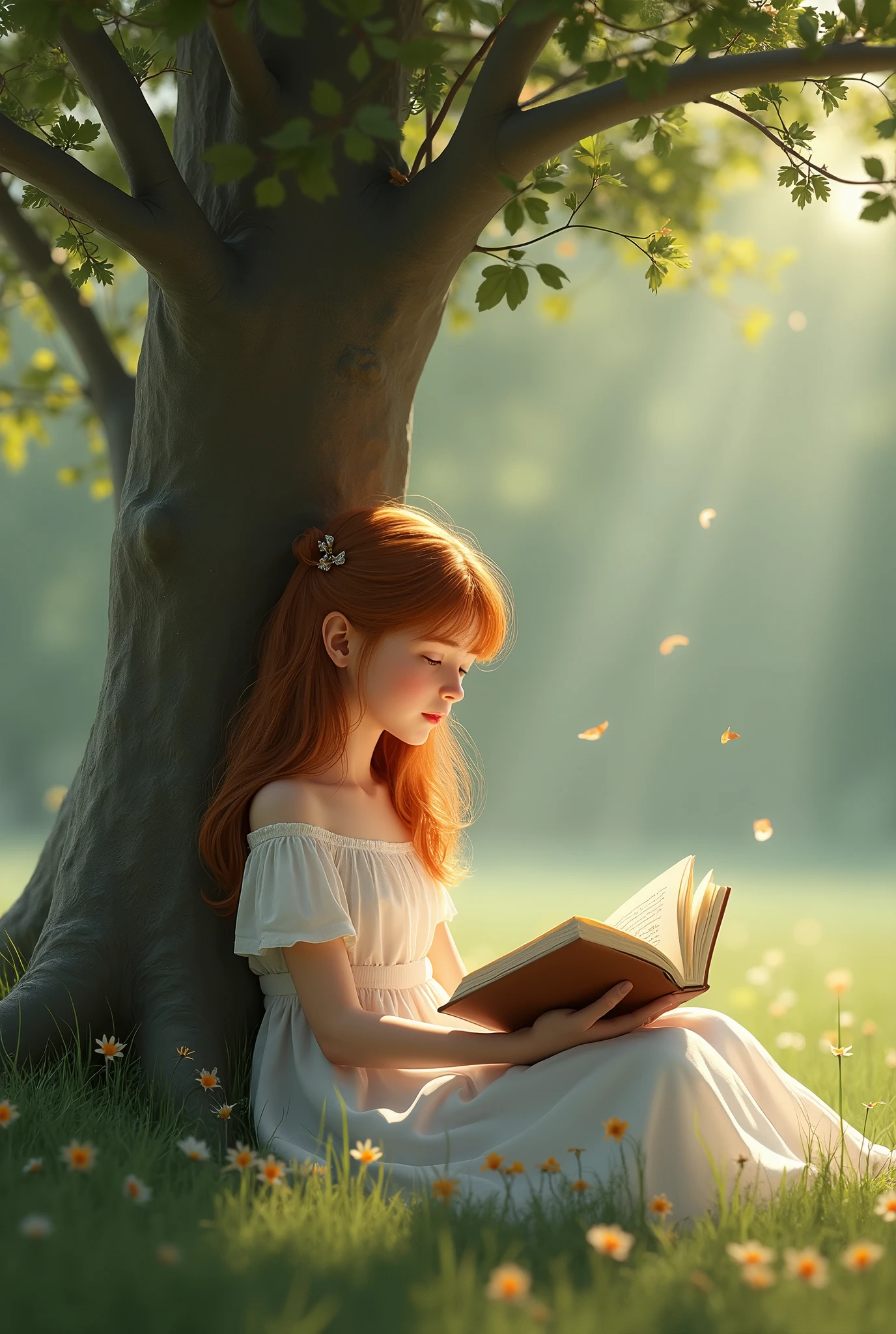 A child (((HANDS IN PRAYER POSITION, em frente ao torax))), (((symmetric, Pose frontal))), (((BLUSA delicada))), 8k, melhor qualidade, altamente detalhado, Por Lilia Alvarado, lovely digital painting, criancinha bonita, retrato bonito da criancinha, foto retrato close-up, Strong light medium picture, imagem retrato bonita, Luz forte do retrato, retrato da criancinha, Retrato fotorrealista, (((red hair))) , (((flowery scenery))), (((Embracing a book))),