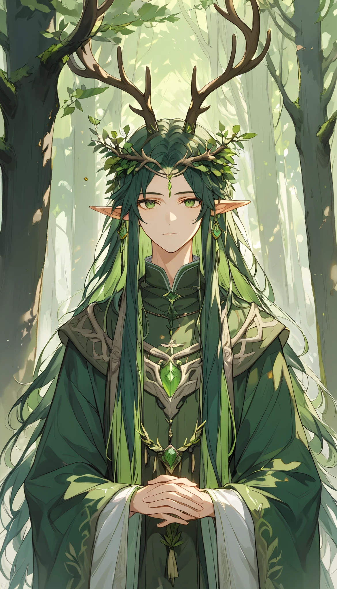 a single young man ,  long straight hair ,  dark green hair ,  forest god ,  dressed in medieval Druid clothes,  with two elk antlers on his head ,  pointed ears ,  green eyes, peaceful, quiet,  beautiful face,, on a dark and desolate summit ,  buds sprouting out of the dark earth