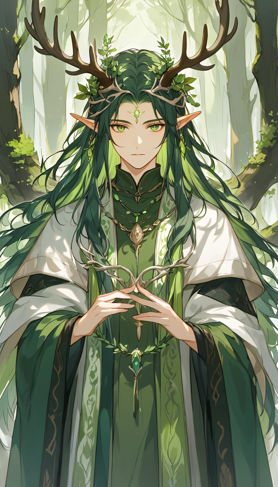 a single young man ,  long straight hair ,  dark green hair ,  forest god ,  dressed in medieval Druid clothes,  with two elk antlers on his head ,  pointed ears ,  green eyes, peaceful, quiet,  beautiful face,, on a dark and desolate summit ,  buds sprouting out of the dark earth