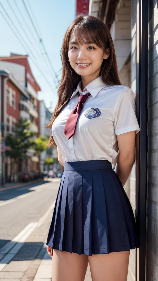 a beautiful 18 year old Japanese high school girl with perfect anatomy, healthy thighs, beautiful legs, beautiful skin, random hair color and style, large breasts, (wearing a Japanese schoolgirl uniform:1.3), (she is standing:1.2), penny loafers, holding a student bag, full body shot, standing on a city street, (best quality,4K,8k, highres icon,masterpiece:1.3),(extremely detailed:1.2),photorealistic,ultra-detailed,vivid colors, studio lighting, professional, Inoue Tsinghua