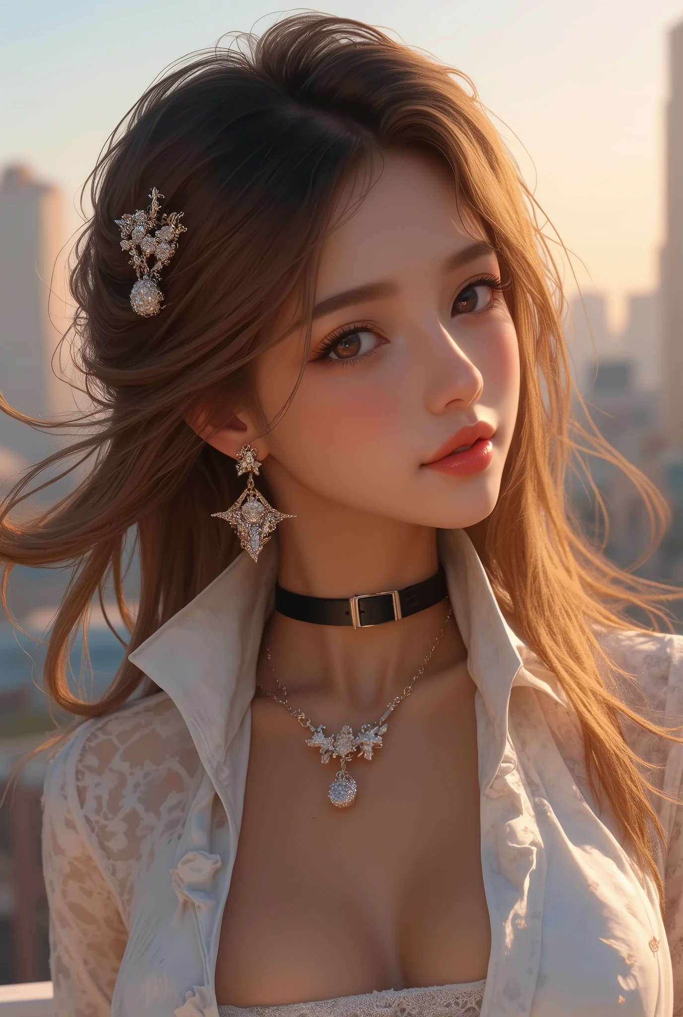 masterpiece, best quality, 8k, highres, ultra-detailed,HDR, UHD, professional,
illustration, best quality, 1girl,earrings, necklace, hair clip, holding hat, gentle smile, modern fashion, urban background