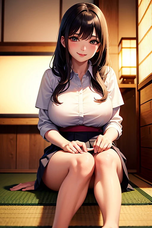 (( top quality)), ((  masterpiece  )), (  detailed hands , Detailed Fingers ,Detailed feet), perfect anatomy,  1 28 year old Japanese girl, Side view of a girl,Turn your face to the viewer and smile at the viewer,Big Breasts,Sexy office lady,White collared shirt,tight skirt with black slits,Sit with your foot down on tatami mats in an izakaya,It&#39;s night outside,Woman sitting in front of a low table with lots of food in a dimly lit room , long dark hair , beautiful face, slender body ,Gentle double eyelids, dark eyes,I'm drunk and blushing slightly ,((Slightly unbuttoned shirt,A beautiful neck, red lips,smile,visible panties ,Open shirt collar)), A woman sitting in front of a low table with lots of food lined up with her face facing the viewer and smiling, black lace bra,Stick out your tongue just a little bit ,