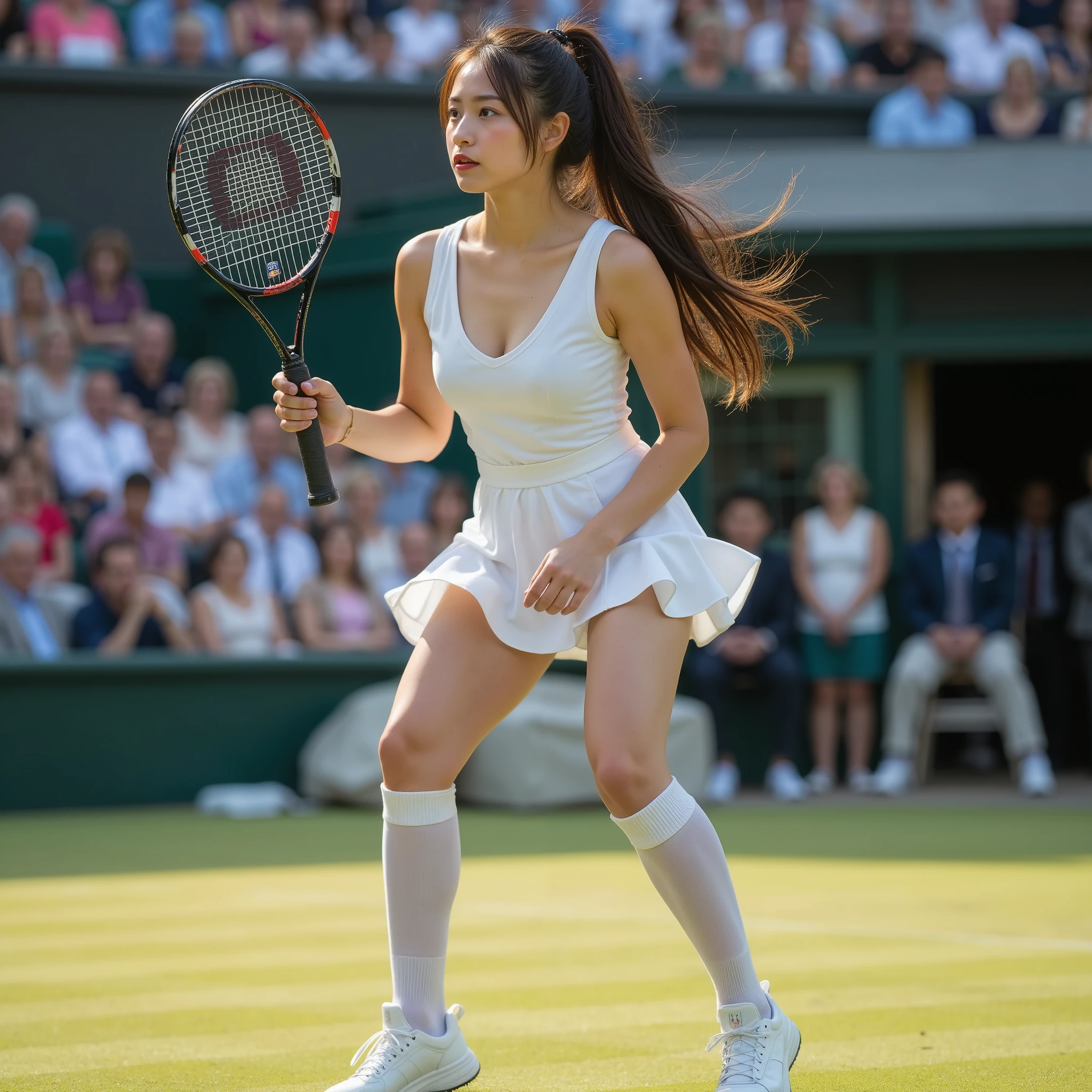 『 1 Japanese girl:1.3』『 REAL PHOTO:1.3』 top quality:1.2、(( Big Breasts ))、 Slightly Visible Cleavage 、(( young woman))、(( has red cheeks))(( Laughing 1 :3))、((( anatomically correct、 perfect anatomy、 anatomically correct指)))、(Curvy body)、((( SHORT TOP SHOW A SEXY BUST :1.65)))、((( Sexy Knee-High :1.35)))、((( short size sexy panties :1.35)))、((( perfect anatomy, detailed depiction of hands and feet ))),((( BEAUTIFUL 20 YEAR-OLD TENNIS PLAYER IN A WHITE TANKINI , PLAYING ON THE WIMBLEDON CENTER COURT WITH A TENNIS SKIRT AND SHOES, 1girl holds the racket firmly 、 has a serious expression on his face .))),( using one racket ),((( CAPTURE THE ESSENCE OF HER ATHLETIC AND ENERGY ..))), Shiho has a cute ponytail , Hasselblad ' Smiling Without Showing Teeth ,(( concentrating beauty on one girl ))), PHOTOGRAPHING HER PONYTAIL AND CLOTHES SWAYING IN THE WINDBLETON , expressing the movement and elegance of tennis , outdoors,Scorching Sun, Detailed Background ,full, Max Image,Professional Perspective,Amazing Details, super high resolution, realistic :1.4), attention to detail, short sexy panties ,Beautiful brown hair,繊細でhigh noseを持つ美しい顔,Long limbs like a model, Thin Waist ,((Dramatic beauty)), beautiful blur with deep depth of field ,4K,gothic,The stands are full of spectators,Fujifilm XT3 Style,(Saiharu Body),(gentle eyes and face ),Professional Perspective,Amazing Details,( beautiful face with a delicate, high nose ),繊細でhigh noseを持つ美しい顔,high nose, clear , Shining maroon eyes , Shiny Red Lips , light makeup,