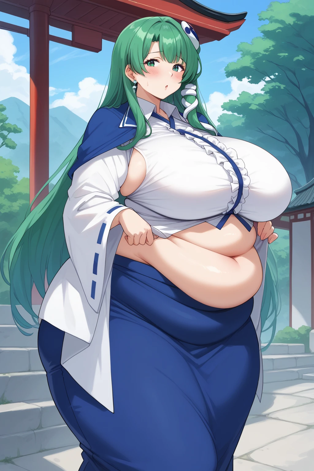 Sanae Kochiya, sanae kochiya,  long hair,  green hair,  green eyes,  Hair Tube, Snake hair ornament, collared shirt,  white shirt,  Detached Sleeves,  wide sleeve over mouth,  blue skirt,  ruffle skirt,  score_9,   score_8_up,   score_7_up,   score_6_up,   score_5_up,   score_4_up,     Masterpiece   ,   top quality,   very aesthetic,   absurd,   anime girl ,   one woman , Alone,  personal  ,  Super huge breasts, ((( super huge clevis, Super huge , Super huge boob))), Curvy,  chubby,  obese body type, blush, Shy woman,  stomach flesh sticking out of clothes,　 sloppy stomach , Shrine grounds,  I'm worried about the fat around my stomach,  fat mature, fat milf