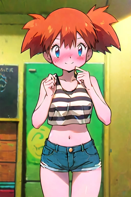 (masterpiece, best quality), 1girl,    misty. jean shorts, striped tank top, midriff, shy smile, blush, secret clubhouse